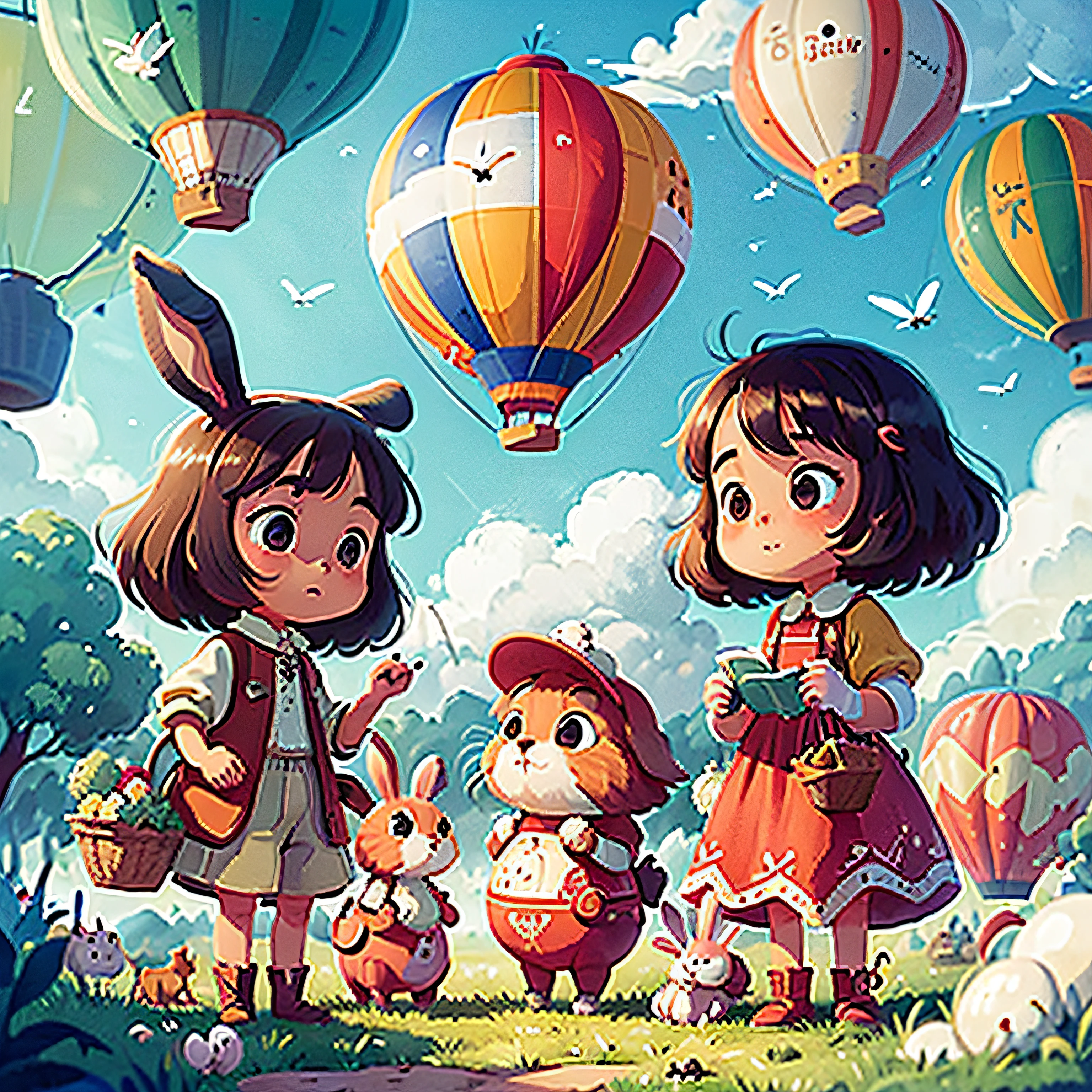 hot air balloon，A rabbit and a herd of small animals stand in the hot air balloon，Fly over the playground