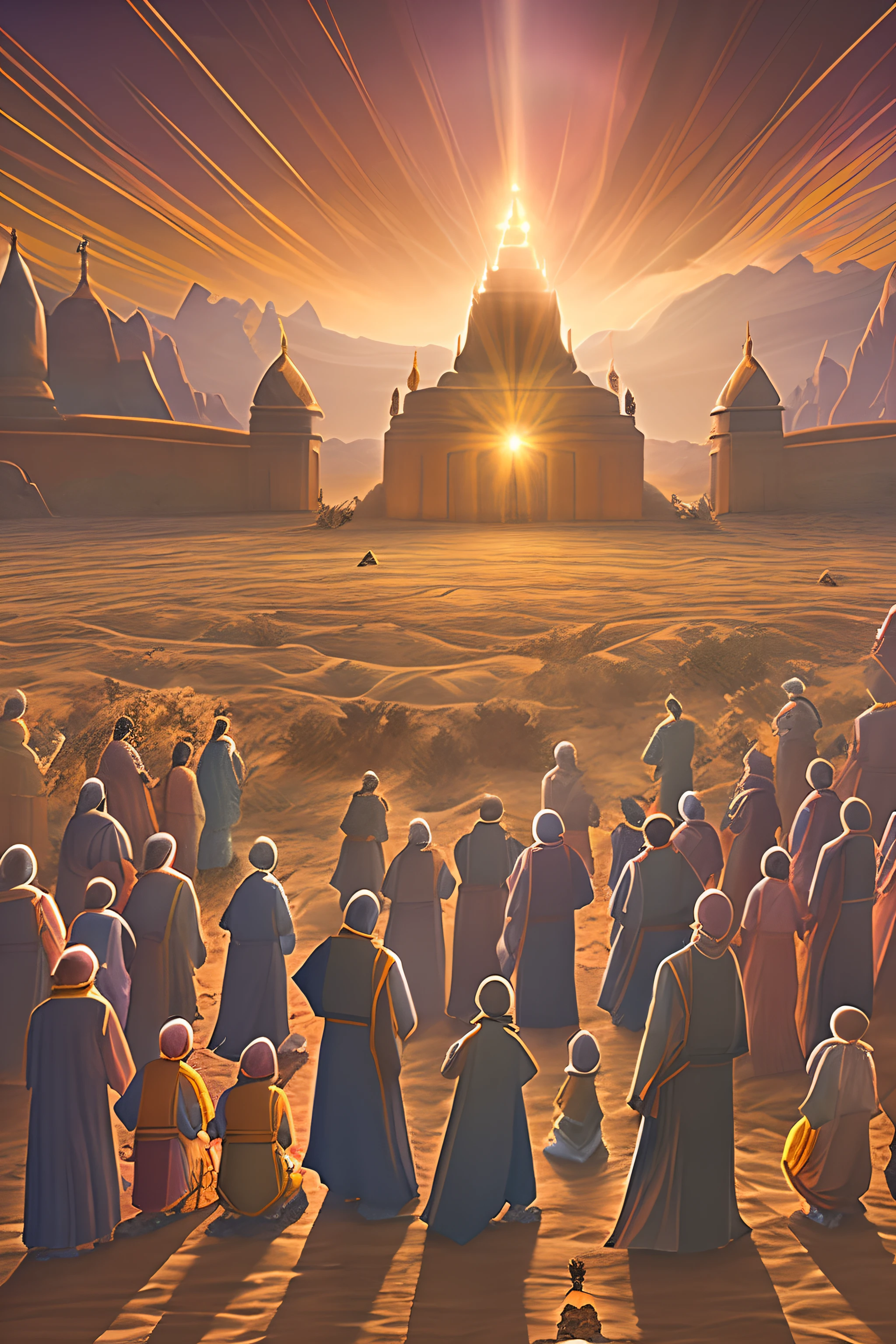 Generate an awe-inspiring image set in a vast desert where a large group of pilgrims prostrate themselves in worship of a miraculous deity. Divinity manifests as a luminous, ethereal silhouette in the sky.