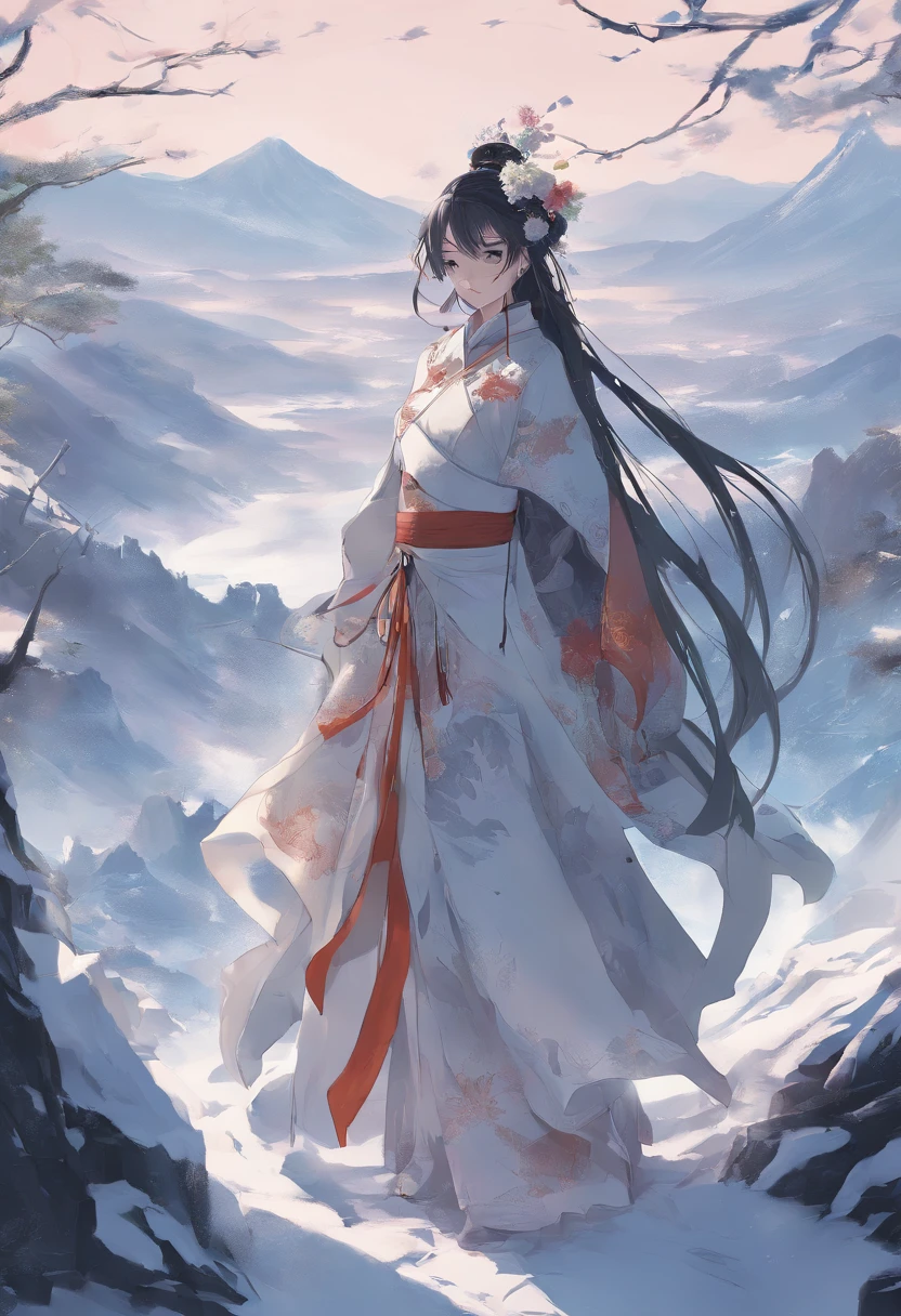 Kikurihime Hakusan, Goddess standing on snowy Hakusan mountain. Kikurihime's background is a cloudless blue sky。