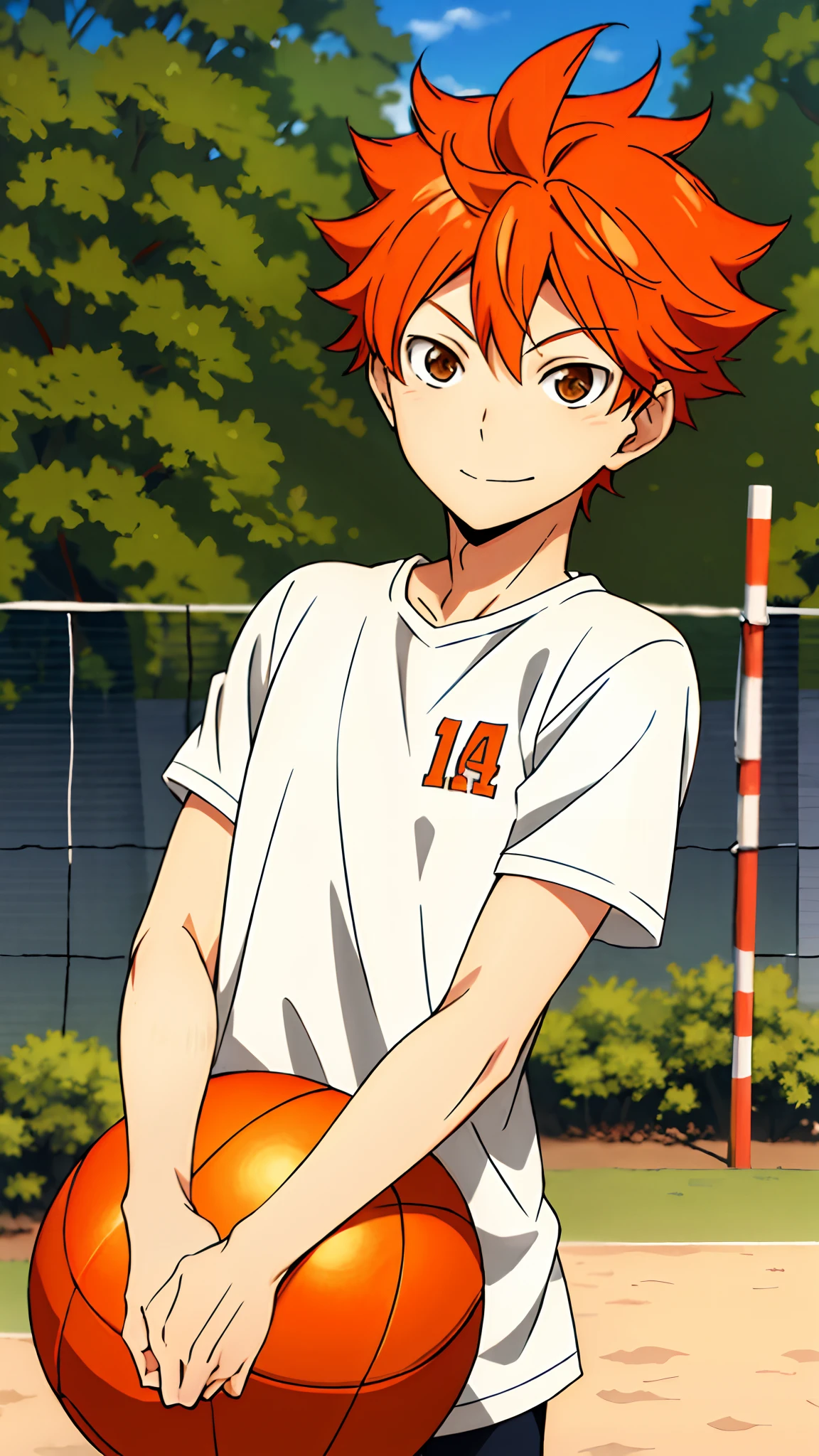 high res, masterpiece, Shouyou Hinata , orange hair, solo, 1boy, male, volleyball court, outside,blue sky, woods, , detailed eyes,