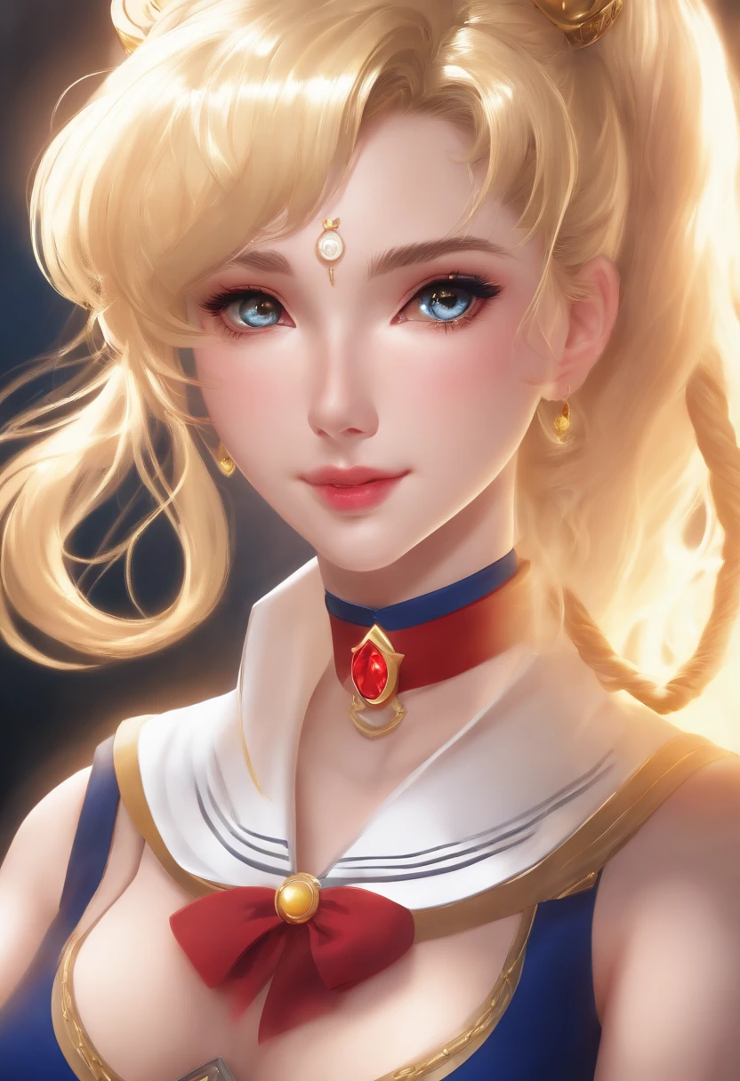 4K, highly detailed, sharp focus, skinny, white skin, blonde hair, professional, photorealistic, max detail, real life, photography, 8k, upper body, shiny hair, glowing eyes, lustrous skin, realistic, huge breasts, perfect female figure, looking at viewer, seductive posture, sexy pose, wearing cosplay, sailor moon, no blur