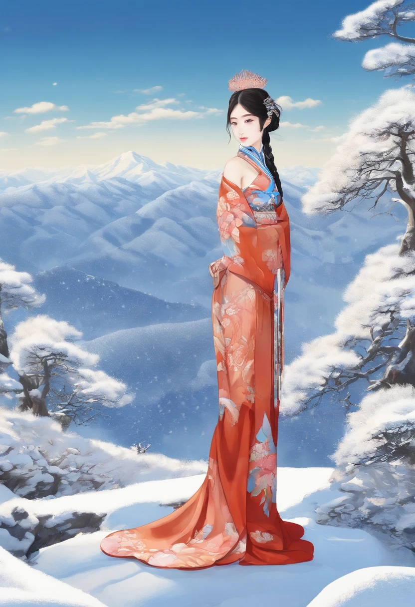 Kikurihime Hakusan, Goddess standing on snowy Hakusan mountain. Kikurihime's background is a cloudless blue sky。