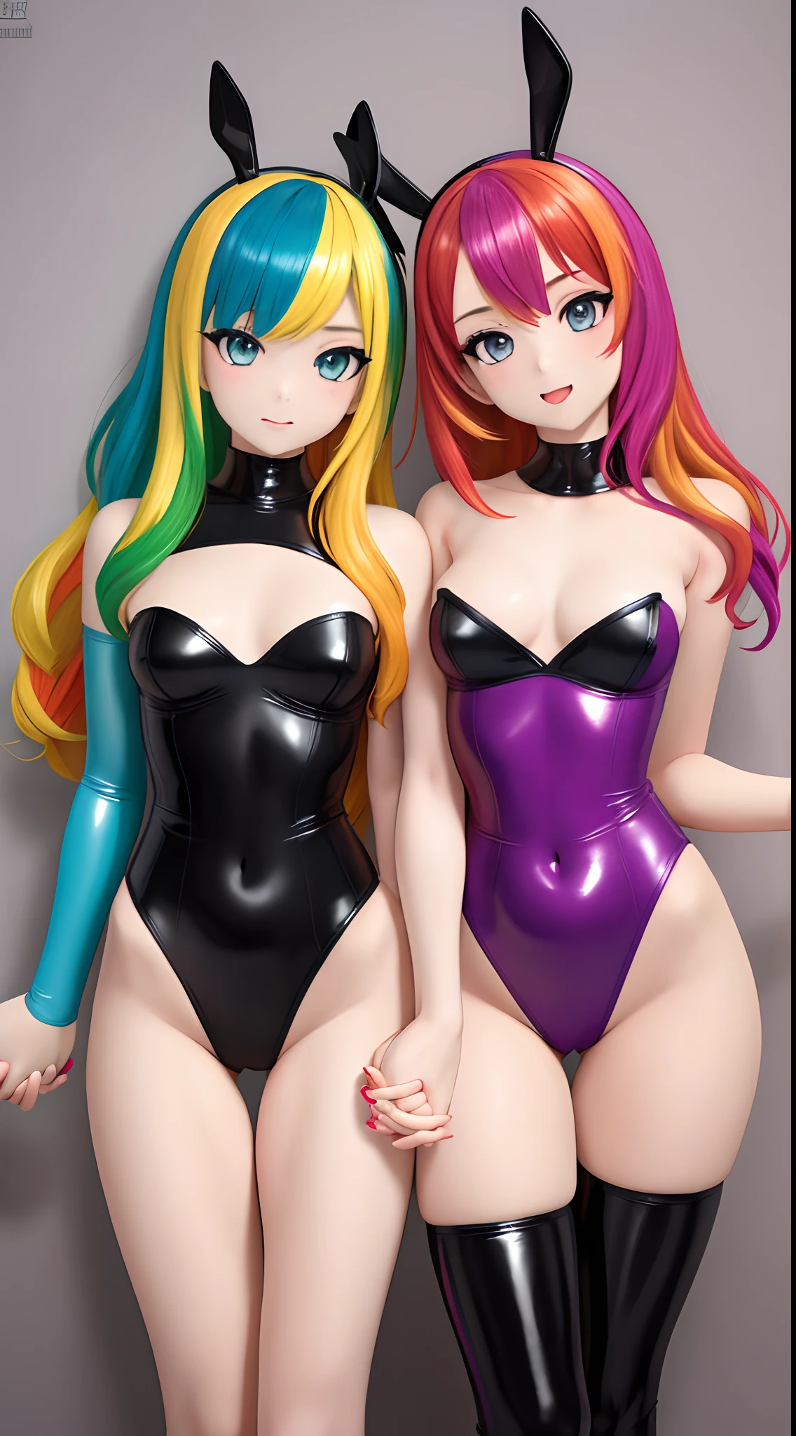 (best quality, masterpiece), 2girls, multicoloured hair,
strapless latex leotard, holding hands