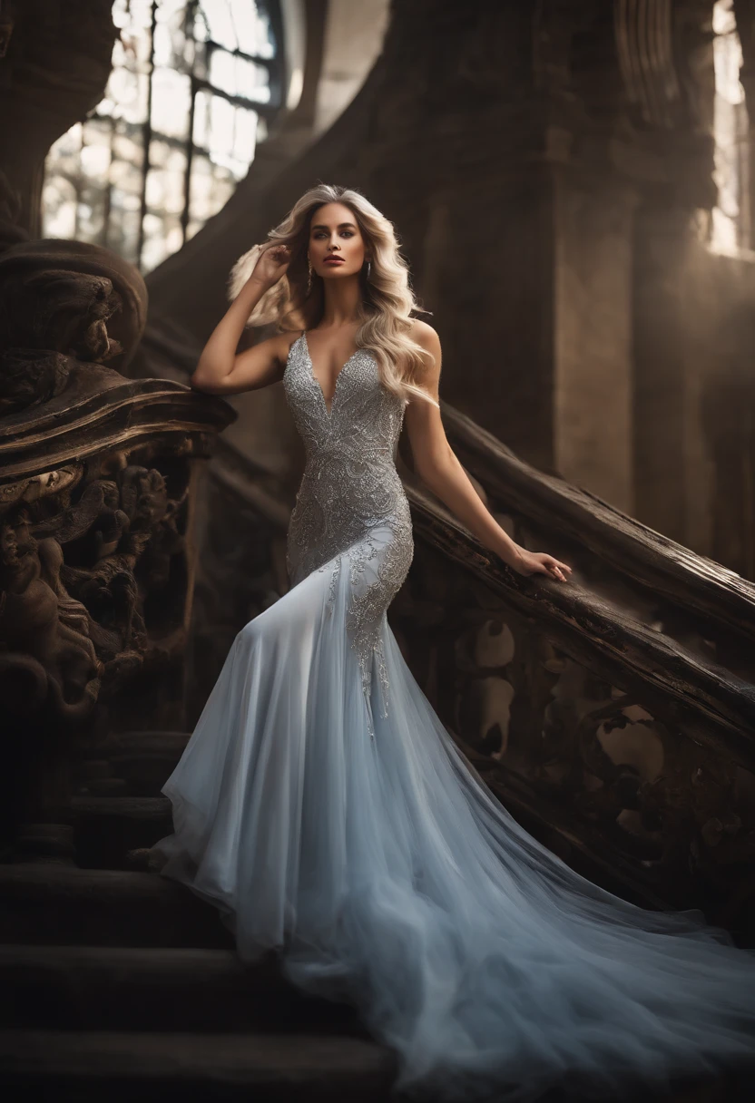 A captivating, divine being with cascading silver locks, elegantly draped in a flowing gown, gracefully gliding up in the air like magic, floating above an enraptured audience, showcasing her modeling expertise on a grand catwalk,medium full shot