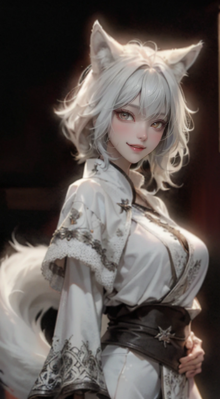 Masterpiece,HDR,fantasy, NVIDIA RTX, Unreal engine 5,((Portrait: Woman, Hairstyle: Wolf Cut:1.2 - Short front layers, Long and wild-textured back,white hair, Eyes: Sharp, Expression: Grinning with visible fangs)), realistic,dim lighting,wolf grin,lifted lips, visible sharp teeth,visible fangs, (wolf fangs), sharp eyes, and a strong posture,fangs:1.4,red eyes1:2,(white wolf-fur clothing:1.4),large breast:1.2, frontal shot,(head turned sideways, sideways glance),hand behinds back,wink