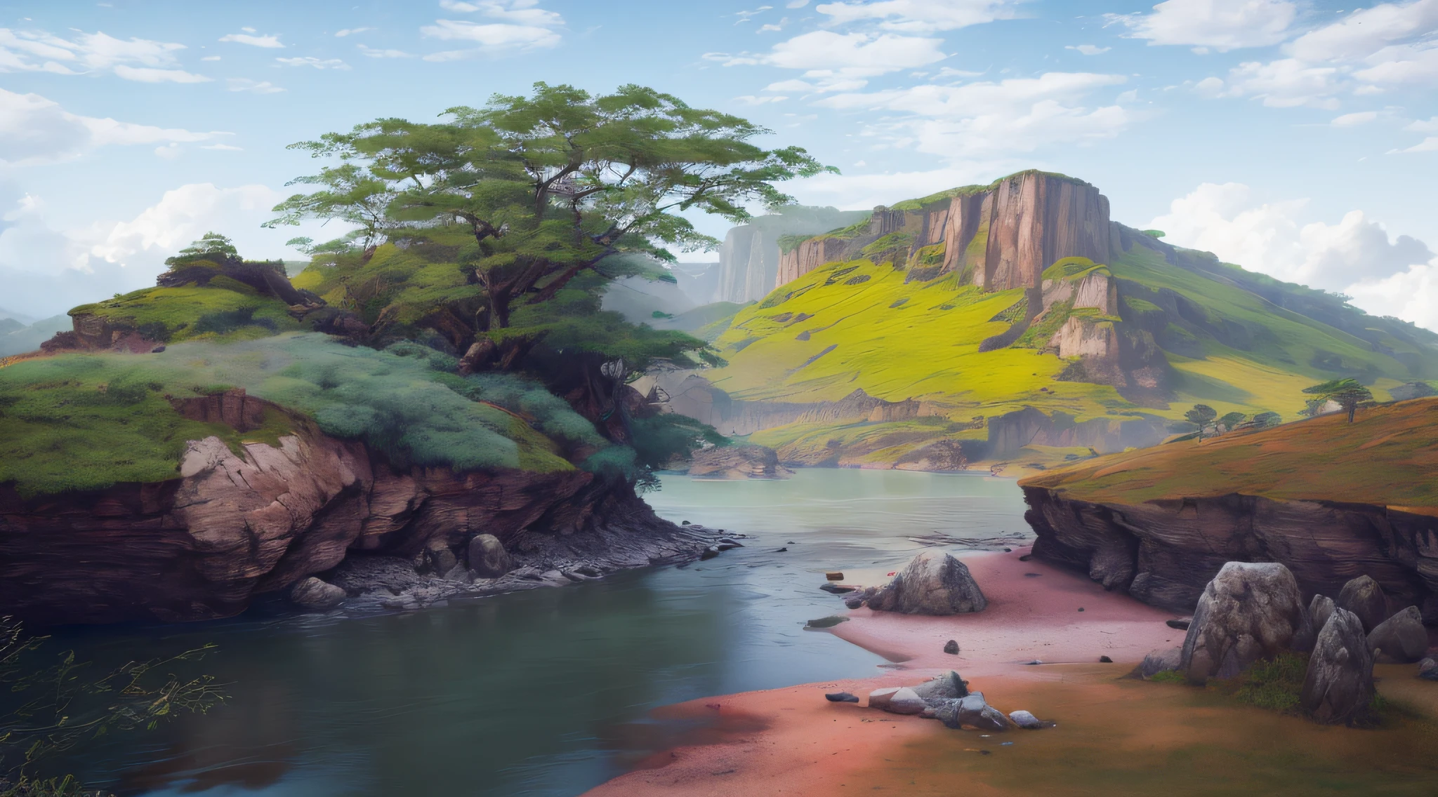 painting of a tree on a cliff overlooking a river, made of tree and fantasy valley, paisagem fotorrealista, pintura digital fosca, realistic landscape, Pintura de paisagem virtual 3D, paisagem de sonho, fantasy scenic, peaceful landscape, beautiful render of a landscape, . Background Story: Rio da Selva, 8k resolution digital painting, 8k resolution digital painting, Pintura digital fosca 4K HD