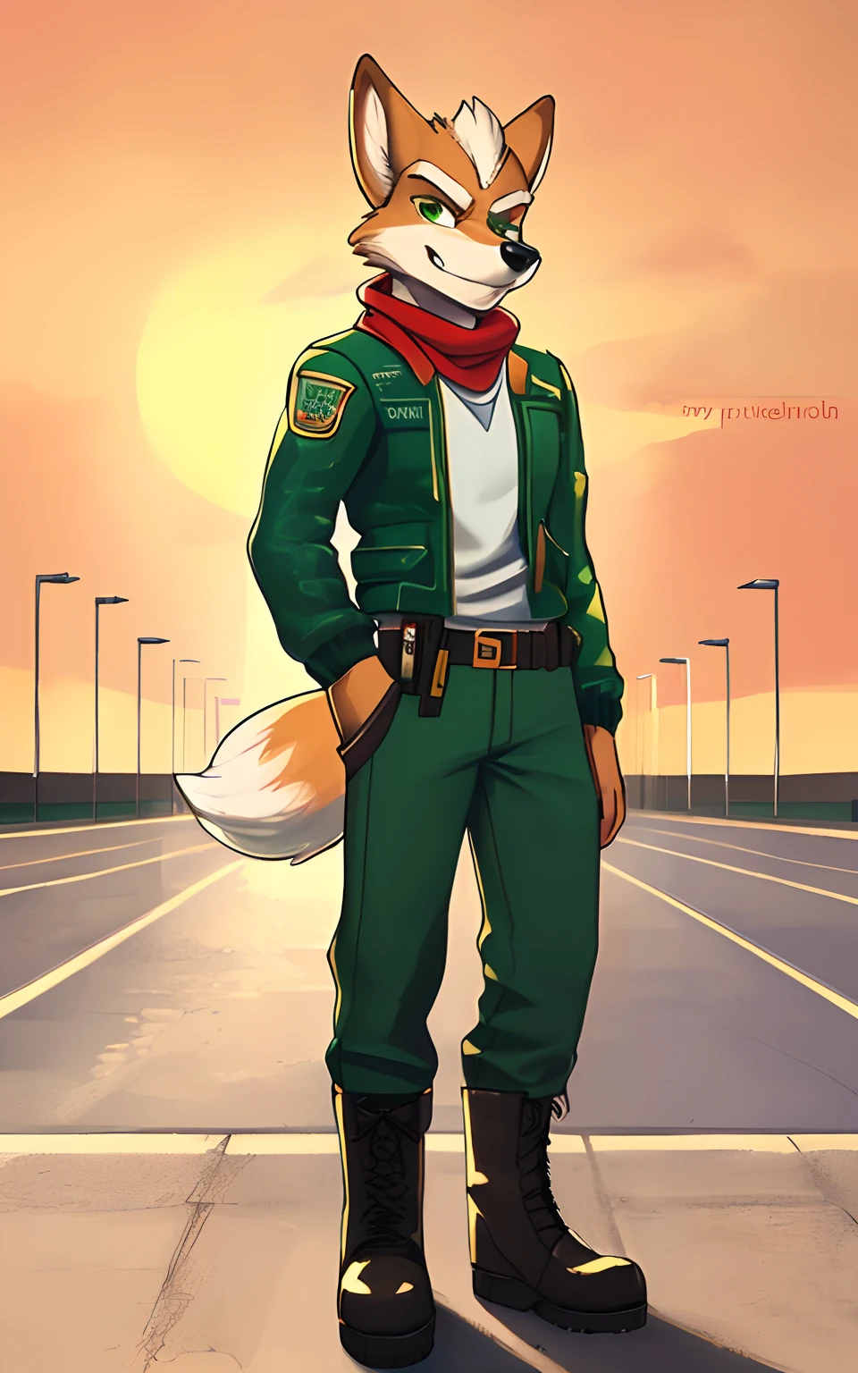 [Fox Mccloud], [starfox], [Uploaded to e621.net; (mayosplash), (Pixelsketcher)], ((masterpiece)), ((solo portrait)), ((full body)), ((furry; anthro fox)), ((detailed fur)), ((detailed shading)), ((beautiful render art)), ((cel shading)), {male anthro fox; light brown fur, black nose, green eyes, (confident smile), (angry)}, {(green zip-up jacket), red scarf, (white leather jacket with shiny texture), (green pants), (utility belt with gold triangle belt buckle), (grey combat boots)}, {(standing on concrete), (both hands on hip)}, [background; (air force base), (jet runway), (orange sky), (bright sun)]