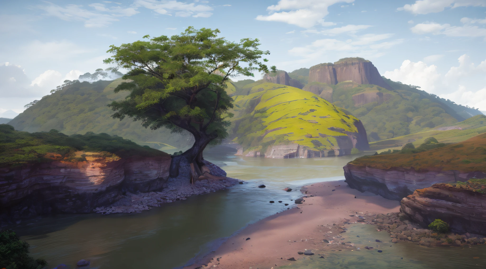 painting of a tree on a cliff overlooking a river, made of tree and fantasy valley, paisagem fotorrealista, pintura digital fosca, realistic landscape, Pintura de paisagem virtual 3D, paisagem de sonho, fantasy scenic, peaceful landscape, beautiful render of a landscape, . Background Story: Rio da Selva, 8k resolution digital painting, 8k resolution digital painting, Pintura digital fosca 4K HD