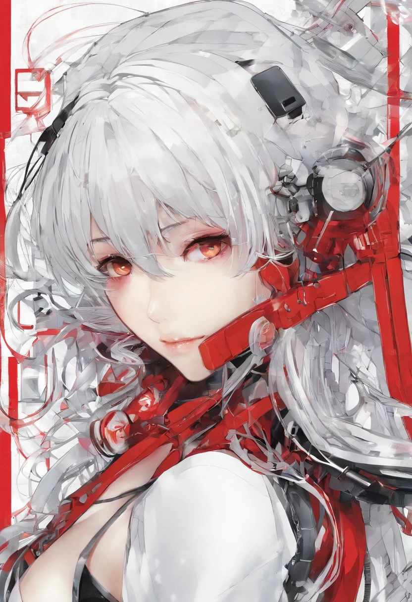 1girl in, (shapely body), (Solo),20yr old, Long ,white  hair,small tits,Looking at the camera,Red dress,Red cable,Red plug,cyberpunked