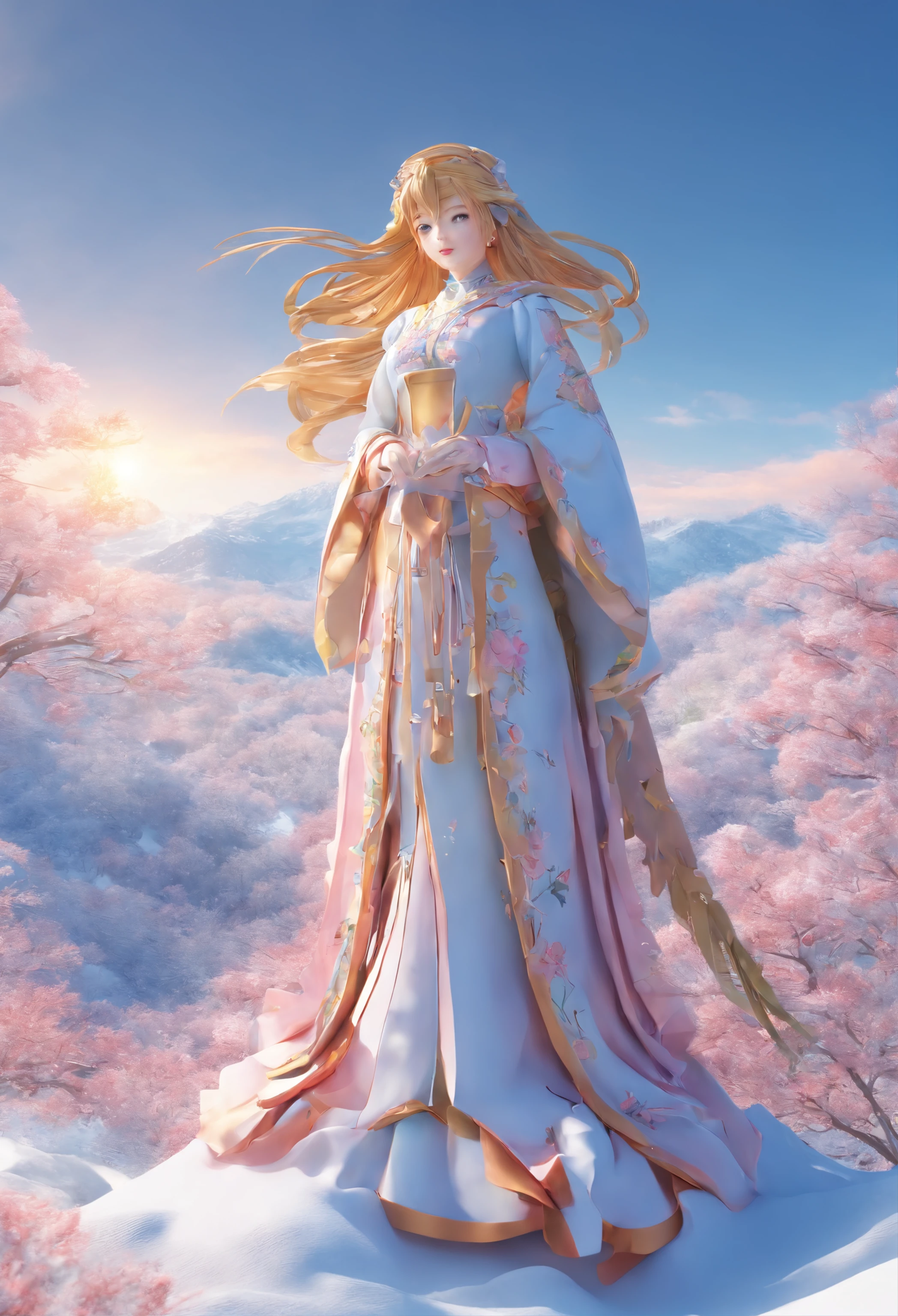 Kikurihime Hakusan, Goddess standing on snowy Hakusan mountain. Kikurihime's background is a cloudless blue sky。