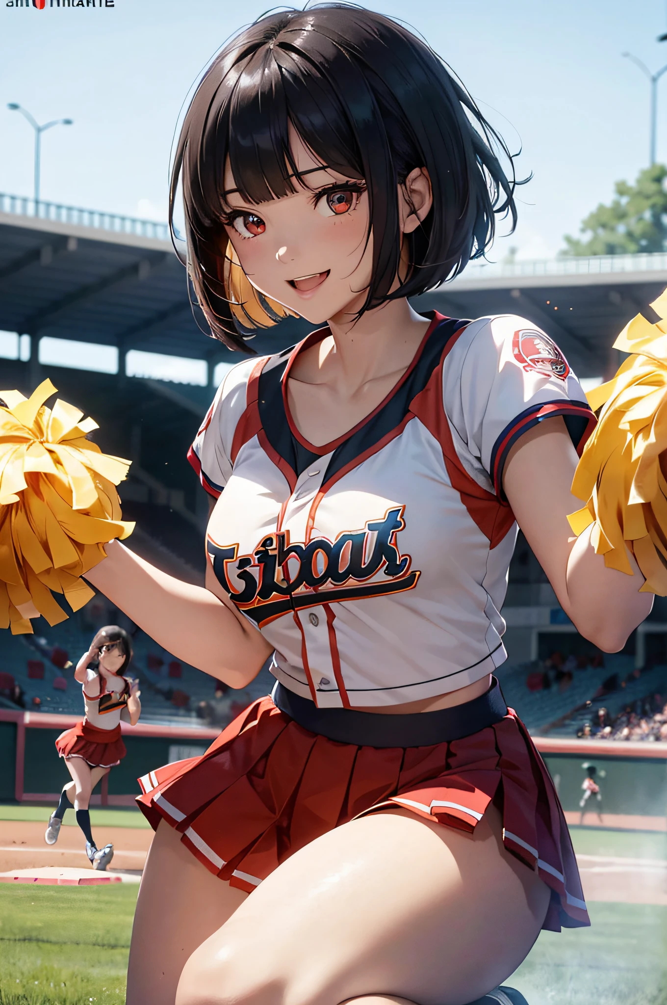 Ala Fed Asian cheerleader posing dynamically with large pom-poms in both hands in stadium、a closeup、cosplay foto、Anime Cosplay、tiny chest、Raw photography, top-quality, hight resolution, (​masterpiece), (Photorealsitic:1.4), professional photograpy, foco nítido, nffsw, 8K分辨率, intricate detailes, depth of fields, the Extremely Detailed CG Unity 8K Wallpapers, front lit, girl with, beautiful supermodel, A smile、A slender、Grey twin tail hair、Korean style uniform、Peeking from below、(skinny thigh)、I see underwear、Wearing a sun visor on the head、Squatting