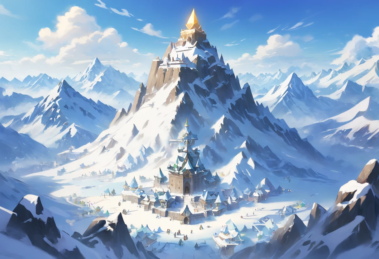 (best quality,4k,8k,highres,masterpiece:1.2),ultra-detailed,(realistic,photorealistic,photo-realistic:1.37),wide view,spiky snowy mountain,mountain top,ice, snow, spike, ice punk style,cold winter visual,blizzard,lots of small mountains, big mountain, surround