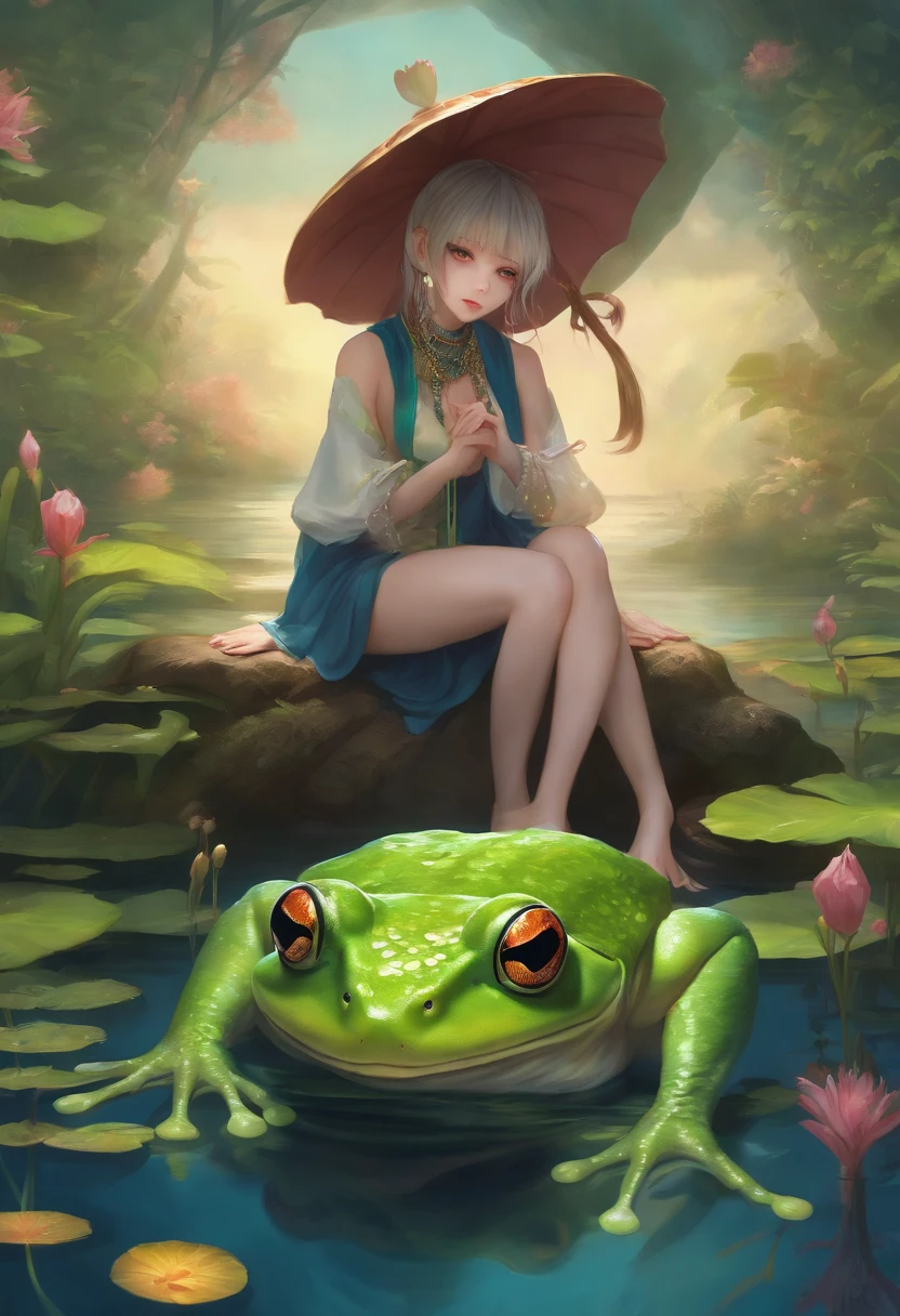 Anime girl disguised as a frog on top of a nenufar