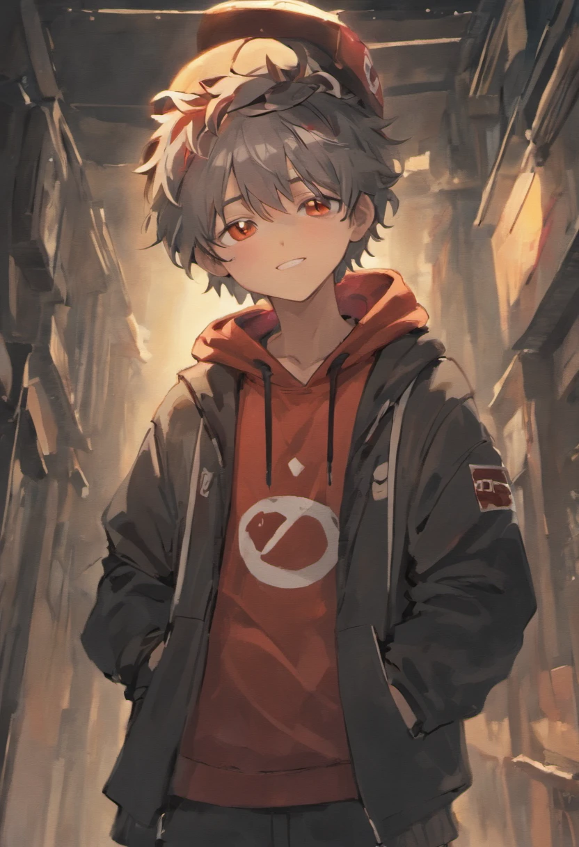 A boy wearing a grey bucket hat with a white smiley face on it, boy has dark brown curly hair, boy is wearing simple red hoodie and black pants, boy is happy closing his eyes while doing the peace sighn with his hands, race: hispanic