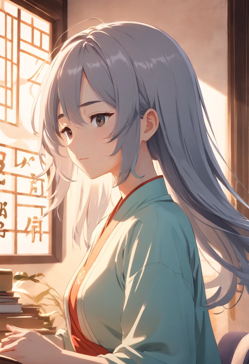 (white backgrounid),(Silhouette of a girl's head, closing her eyes, Long gray hair, Oriental elements),(Chinese illustration,paper art:1.3, Art on upholstered paper:1.2),( reasonable design, 清晰的线条, High- sharpness,Best quality, Very detailed, Master parts, movie light effect, 4K ),full bodyesbian,Good hands,Small characters,The character is in the center of the frame,Faraway view