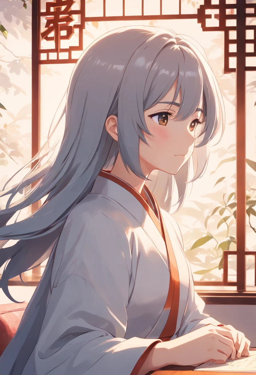 (white backgrounid),(Silhouette of a girl's head, closing her eyes, Long gray hair, Oriental elements),(Chinese illustration,paper art:1.3, Art on upholstered paper:1.2),( reasonable design, 清晰的线条, High- sharpness,Best quality, Very detailed, Master parts, movie light effect, 4K ),full bodyesbian,Good hands,Small characters,The character is in the center of the frame,Faraway view