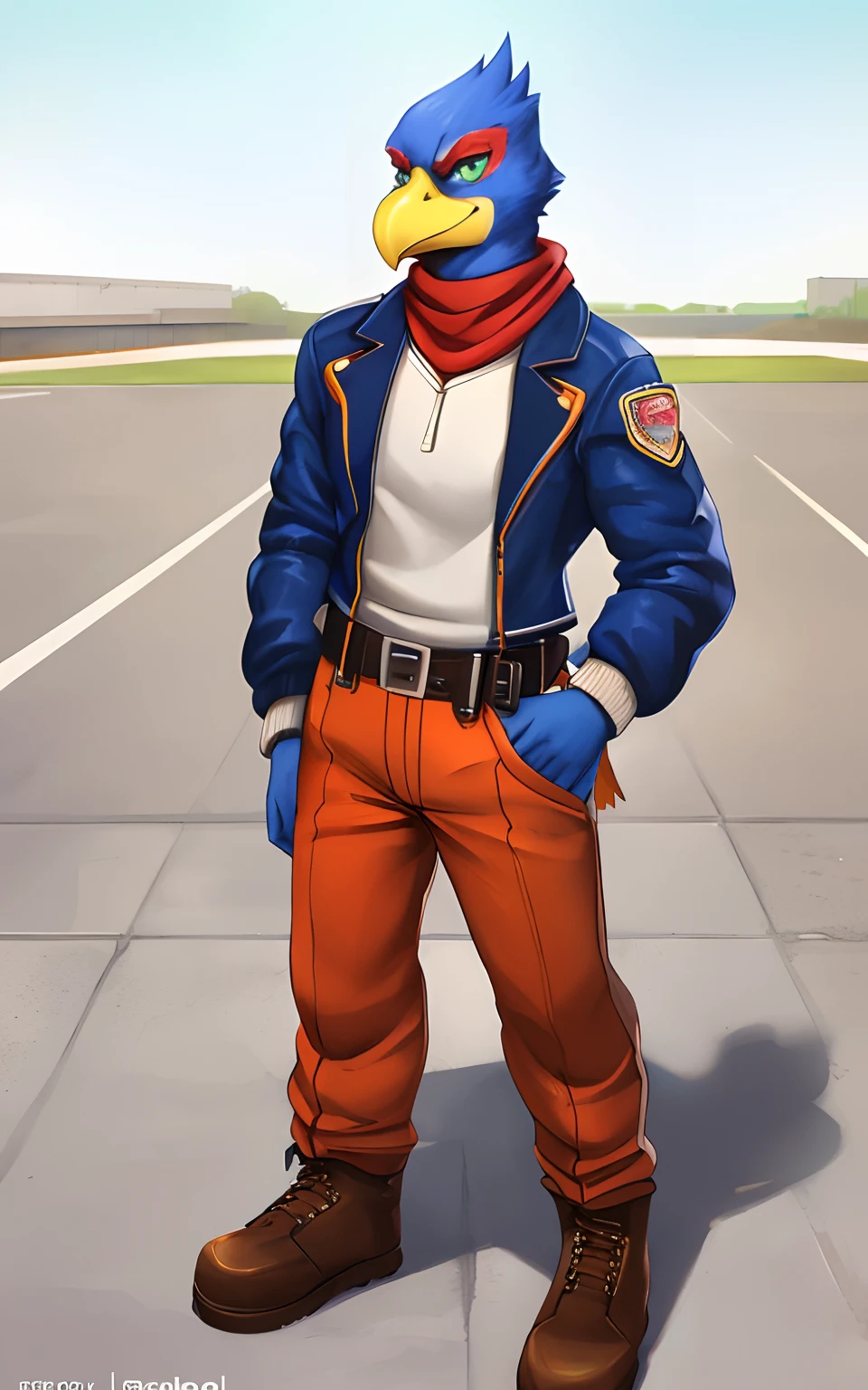 [Falco Lombardi], [starfox], [Uploaded to e621.net; (mayosplash), (Pixelsketcher)], ((masterpiece)), ((solo portrait)), ((full body)), ((furry; anthro falcon)), ((detailed fur)), ((detailed shading)), ((beautiful render art)), ((cel shading)), {male anthro bird; blue feathers, yellow beak, green eyes, (confident smile), (angry)}, {(orange zip-up jacket), red scarf, (white leather jacket with shiny texture), (orange pants), (utility belt with gold triangle belt buckle), (grey combat boots)}, {(standing on concrete), (both hands on hip)}, [background; (air force base), (jet runway), (blue sky), (bright sun)]