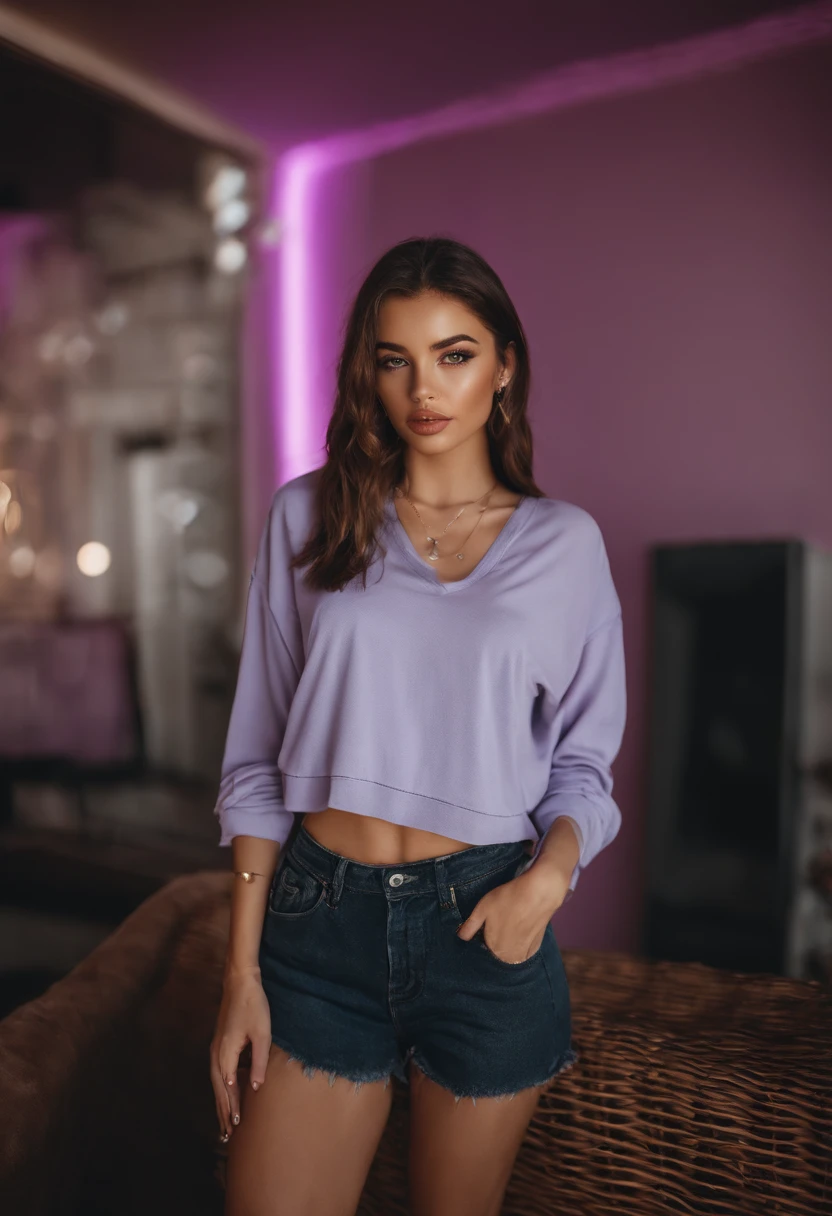arafat woman in matching streetwear, sexy girl with brown eyes, portrait Sophie Mudd, brown hair and big eyes, young woman selfie, bedroom eyes, purple myers, no makeup, natural makeup, looking directly into the camera, face with artgram, subtle makeup, stunning full body shot , in a club, cleavage