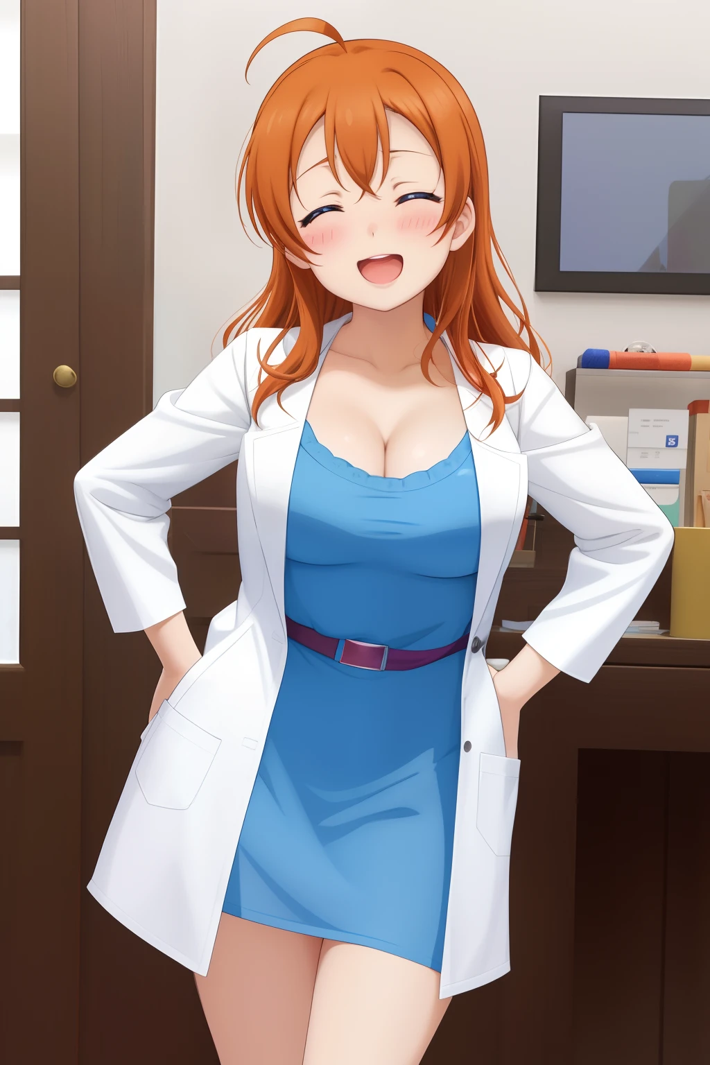 Kousaka honoka, blue eyes, orange short bodycon dress, white lab coat, (cleavage),  facing viewer, embarrassed, smile, Blushing, ahoge, standing, indoors, hands on hips, open mouth,one eye closed