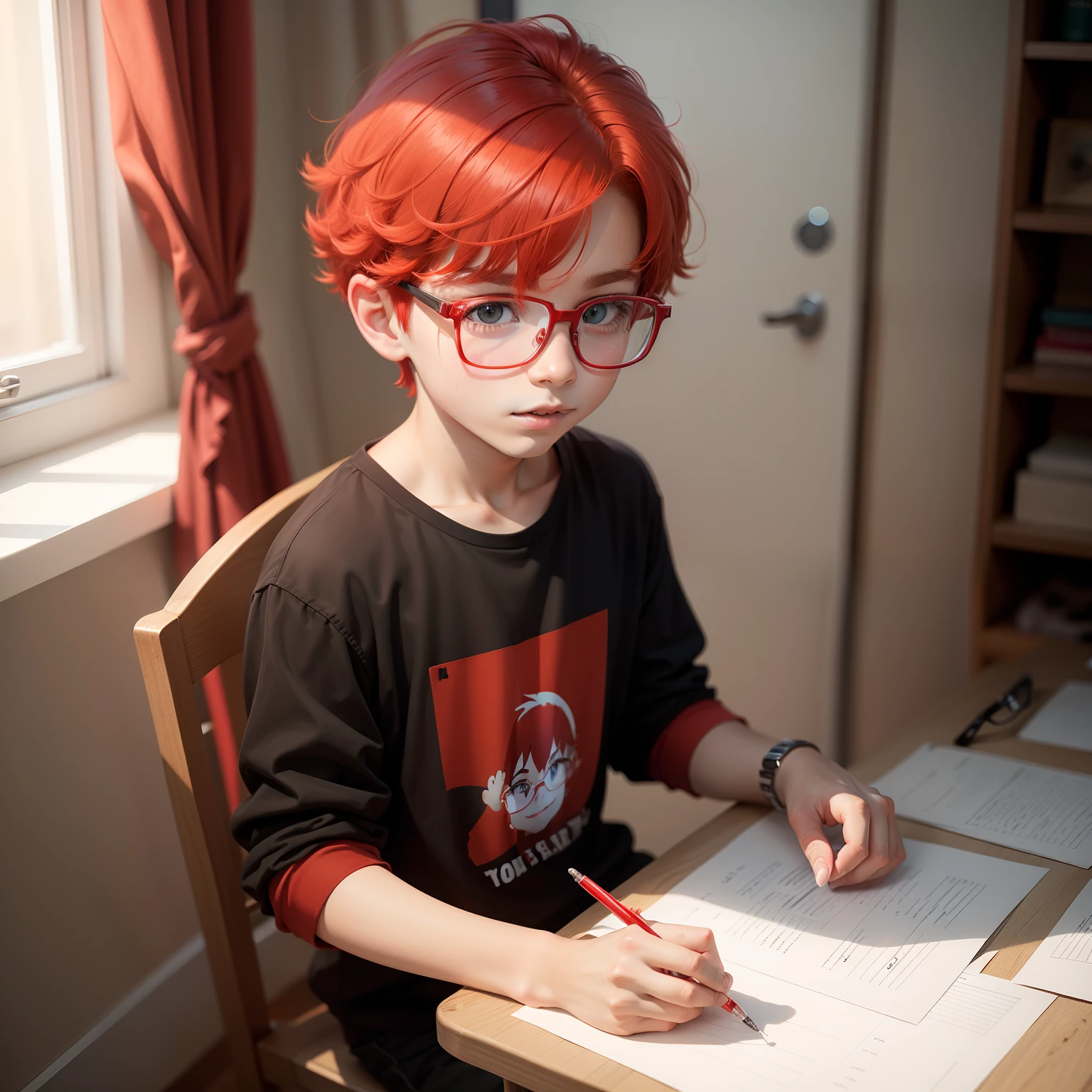 Create a young boy that uses glasses. The boy has red hair