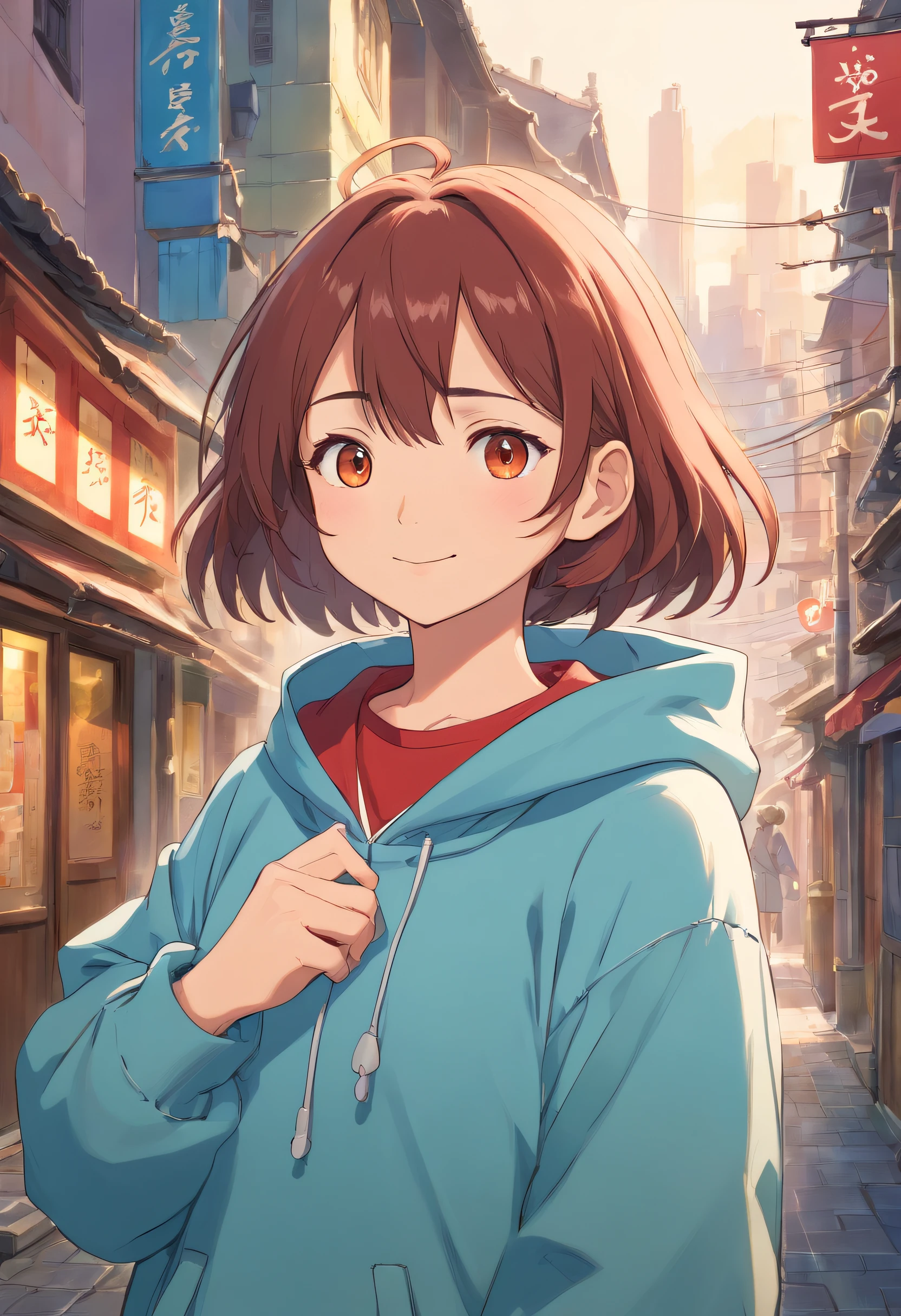 master work, best qualtiy, detaileds, yui, 超A high resolution, 1girl in, cityscapes, depth of fields, low, Pose Seductive, Chest curtain, gloves, smiling, careful, compassionate, interact, Friendly, The warm, short-haired, medium breasts, Beautiful brown eyes, décolleté, perspiring, Redness, hard breathing, Urban clothing, Hoodie, surgical mask, Medical gloves