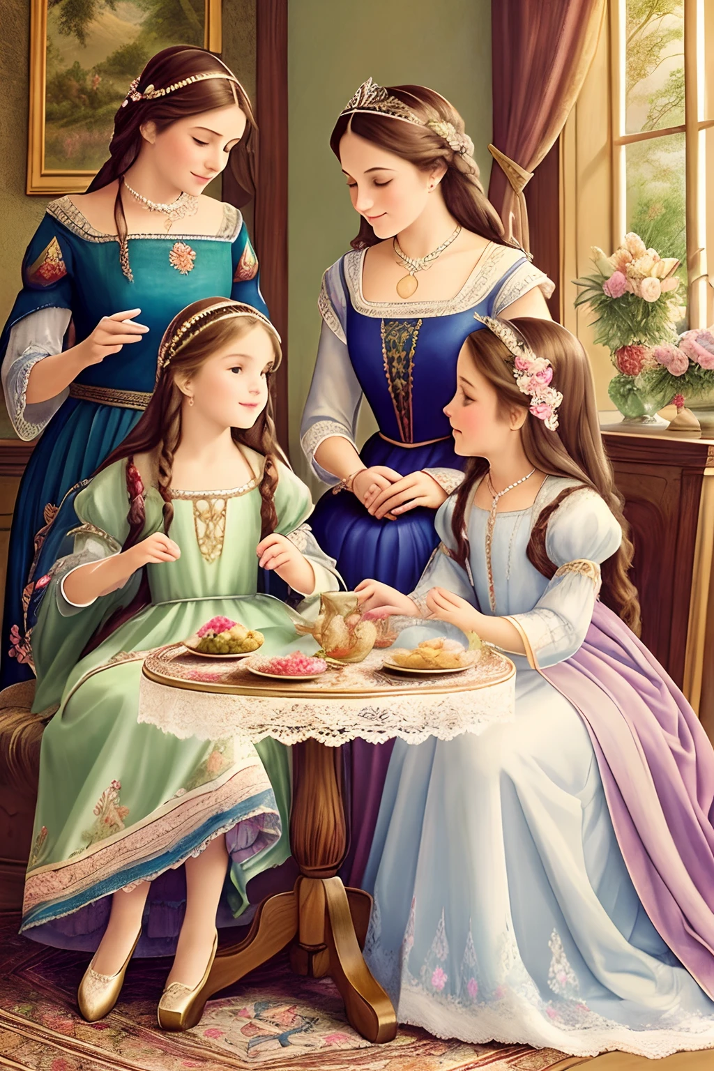 cartoon style (high resolution: 1.2),Happy moment, medieval mother and three daughters, go shopping at village market, cheer, bunnies and duck, beautiful detailed eyes, lush green garden, long flowing hair, traditional medieval clothes, castle in the background, soft natural light, portrait, realistic colors, tranquil atmosphere, immaculate details, classic oil painting, antique style, a moment frozen in time, subtle brushstrokes, vibrant hues, serene expressions, bond of love between mother and daughters , graceful poses, sunlight streaming through the trees, meticulous attention to detail, expression of tenderness and care, impressive depth and scale, majestic architecture, storybook atmosphere, caring presence of the mother, sparkling jewels and headdresses, triumphant but tender, antique tapestries and decorations, floral motifs and embroidery, draped fabrics and textures, delicate lace and ruffles, sumptuous banquet table in the castle, playful interaction between daughters, jewel-toned stained glass windows, flowers blooming lushly, butterflies and birds flutter around, stories and mysteries revealed, an enchanting tale of love and family. cute face.