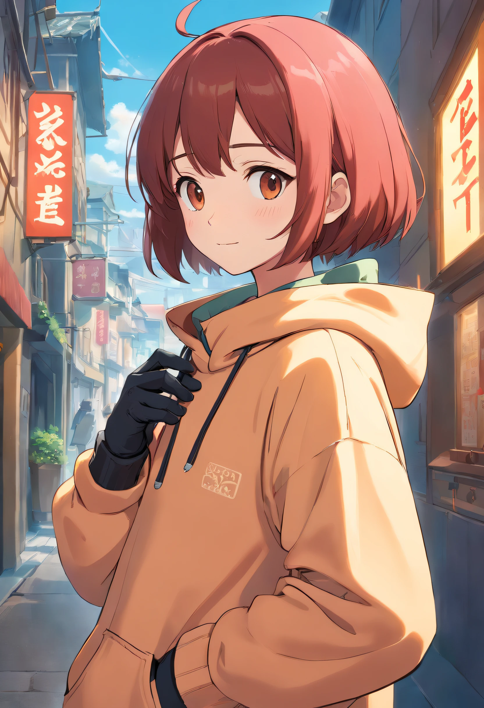 master work, best qualtiy, detaileds, yui, 超A high resolution, 1girl in, cityscapes, depth of fields, low, Pose Seductive, Chest curtain, gloves, smiling, careful, compassionate, interact, Friendly, The warm, short-haired, medium breasts⁩, Beautiful brown eyes, décolleté, perspiring, Redness, hard breathing, Urban clothing, Hoodie, surgical mask, Medical gloves