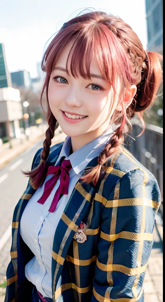 (ultra-detailliert), Tartan check jacket,high-school uniform、Blue eyes,The upper part of the body、a closeup、faces、(A smile:1.5),(facing front:1.2), 20yr old, s girl,no tail,(no tail),2D, masterpiece, top-quality, animesque, A detailed eye, A detailed face, girl with, Only 1 person,Medium hair with pink hair, (Golden hair), Ear Hair, small tits, Single braid, (Single braid), (Side braid), Golden ribbon, Ribbon around the neck, Big city background