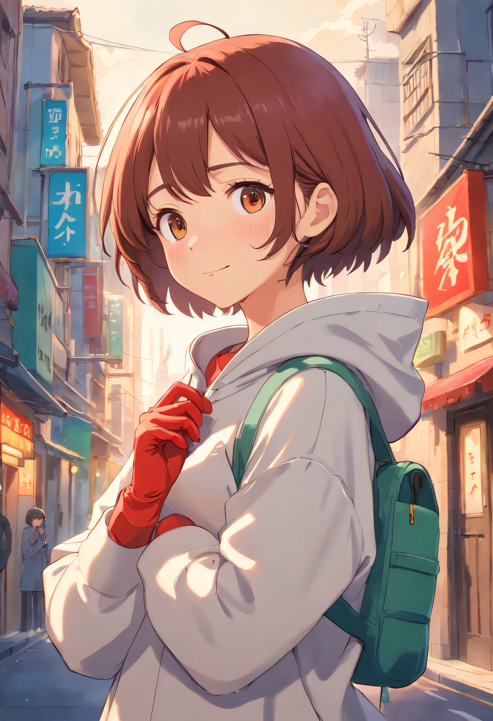 master work, best qualtiy, detaileds, yui, 超A high resolution, 1girl in, cityscapes, depth of fields, low, Pose Seductive, Chest curtain, gloves, smiling, careful, compassionate, interact, Friendly, The warm, short-haired, medium breasts, Beautiful brown eyes, décolleté, perspiring, Redness, hard breathing, Urban clothing, Hoodie, surgical mask, Medical gloves