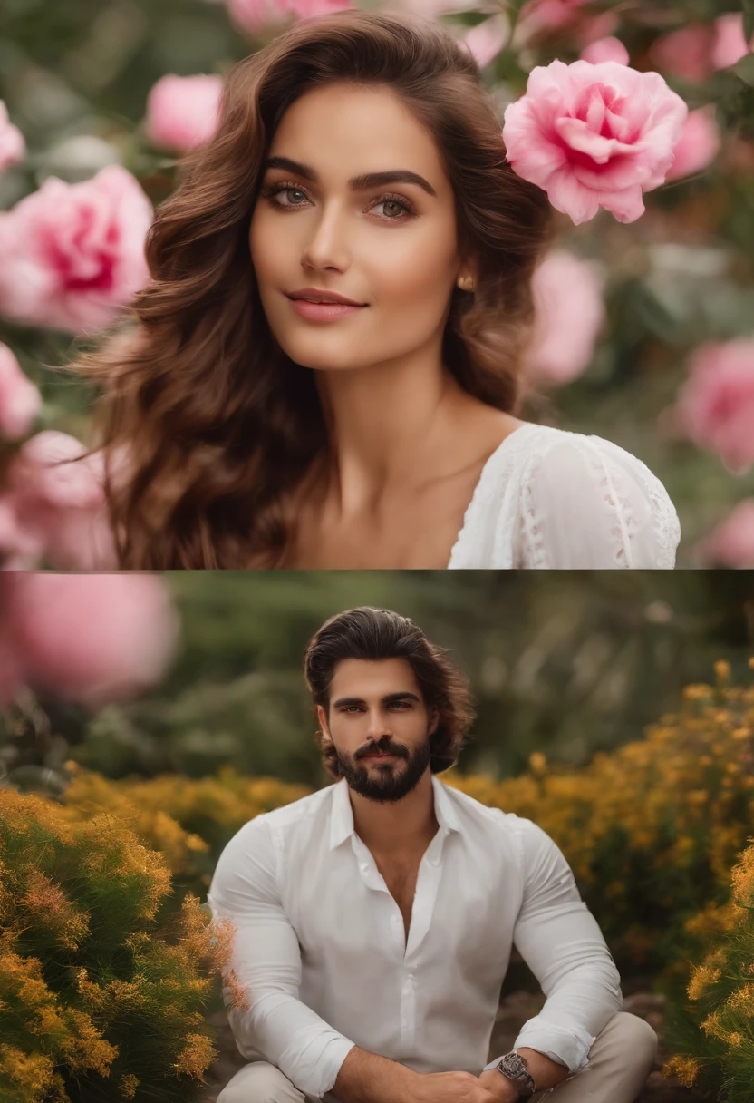 4k, 8k, master part, melhor qualidade, parte suprior do corpo, Couple embraced, paraiso, jardim, olhando para o mar, o rapaz e a mulher, tem 20 anos, The young man has medium beard, brown eyes;, mid hair, a mulher cabelos pretos, olhos castanhos, ela tem uma flor rosa no caabelo, are covered with foliage.