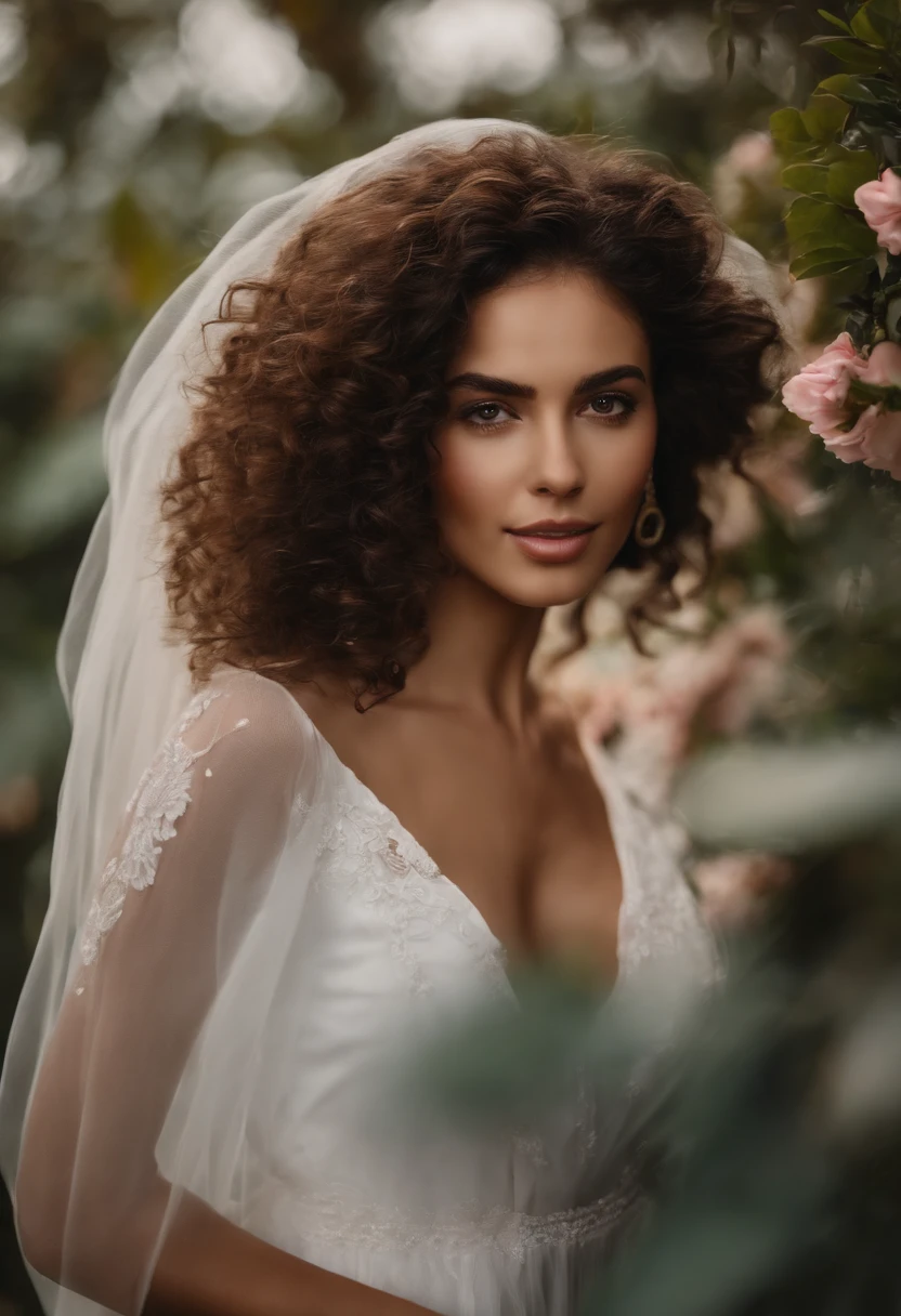 4k, 8k, master part, melhor qualidade, parte suprior do corpo, Couple embraced, paraiso, jardim, olhando para o mar, o rapaz e a mulher, tem 20 anos, The young man has medium beard, brown eyes;, mid hair, a mulher cabelos pretos, olhos castanhos, ela tem uma flor rosa no caabelo, are covered with foliage.