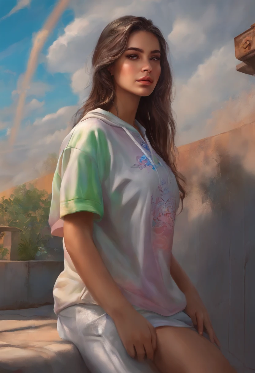 (Best Quality), Masterpiece, Highly detailed CG uniform 8K illustration, High Color, Very high saturation, All the colors have deepened., paints, Graffiti art, Center composition, Very delicate light and shadow, Graffiti Wall, The walls were brightly painted, 1 Girl doodle 1 Girl looking at the wall, highly detailed face and eyes, middle length hair, Sportswear, Colored clouds
