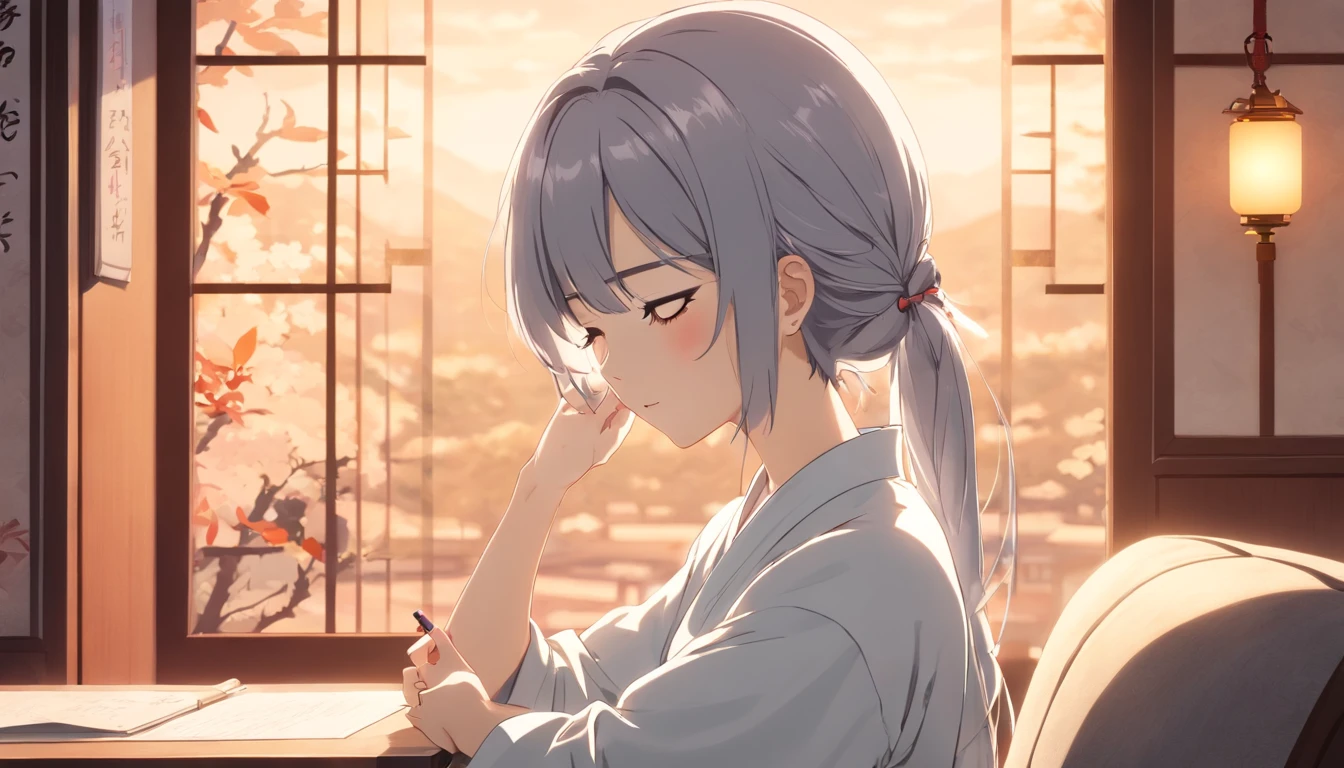 (white backgrounid),(Silhouette of a girl's head, closing her eyes, Long gray hair, Oriental elements),(Chinese illustration,paper art:1.3, Art on upholstered paper:1.2),( reasonable design, 清晰的线条, High- sharpness,Best quality, Very detailed, Master parts, movie light effect, 4K ),full bodyesbian,Good hands,Small characters,The character is in the center of the frame,Faraway view