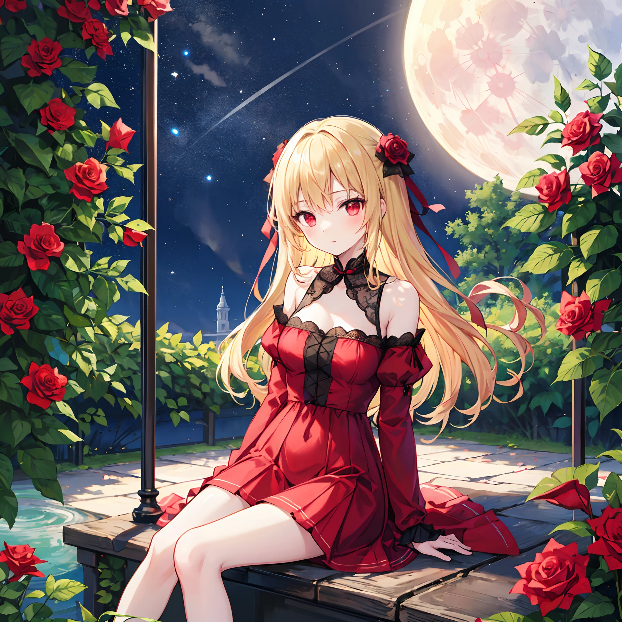 Wavy blonde、red eyes、Beautiful girl alone、Bright red dress、off shoulders、a miniskirt、sitting on、rose garden、a moon