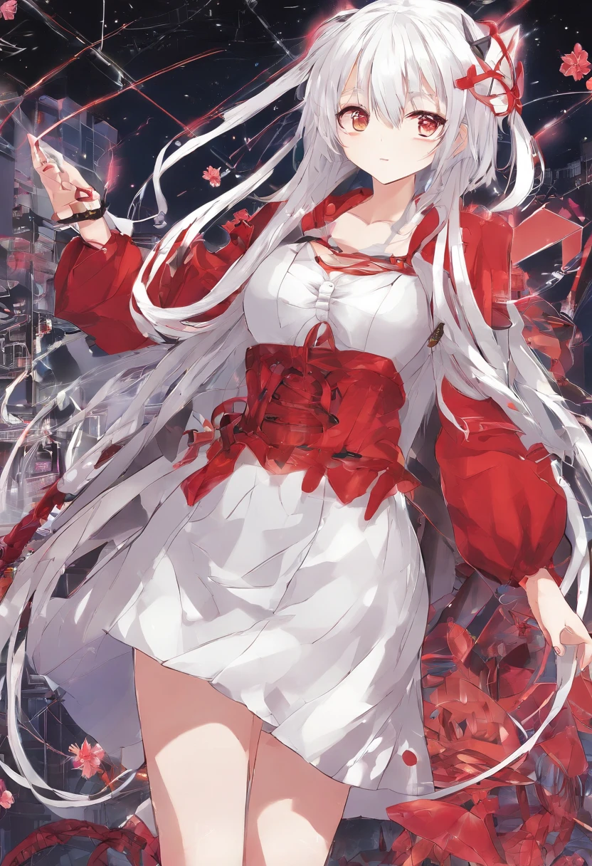 1girl in, (shapely body), (Solo),20yr old, Long ,white hair,Looking at the camera,Red dress,Red cable,Red plug,cyberpunked,Is Gochuumon a rabbit?