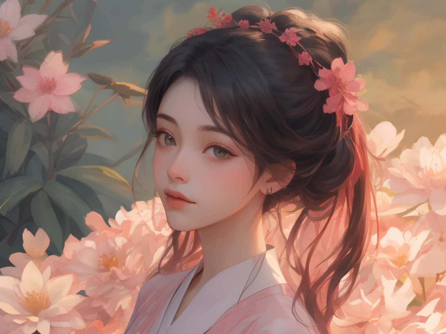 1 flat-chested girl,Close-up of upper body portrait,Black color hair,floated hair,Hazy beauty,Extremely beautiful facial features,Red embroidered tulle dress,with a hairpin on her head,Lying among pink flowers,Surrounded by flowers,Perfect anatomy,(Skinny figure,flatchest),White flowers,(springtime, Rainy days, terraced, mountain ranges), Simple vector art, Contemporary Chinese art, the soft light,Overlooking