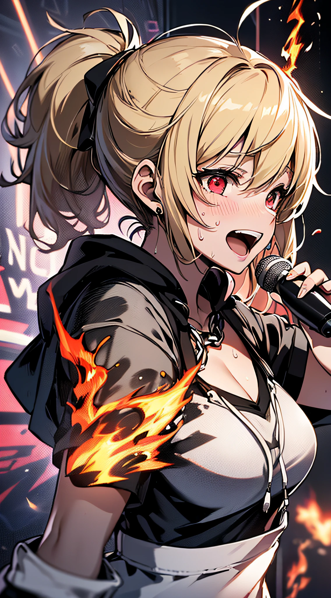 top-quality、Top image quality、masterpiece、girl with((18year old、tatteredclothing、Black tank top、Black short-sleeved hoodie、White pants、Best Bust、Bust 85、a blond、disheveled ponytail、Red Eyes、open chest wide、Happiness、Sweating、Chain Accessories、holding the mic、Voice bubbles(I love you),Singing、dance))hiquality、visualart、Background with((live house、knight、Combustion Renditions、Laser Pointer))、masutepiece