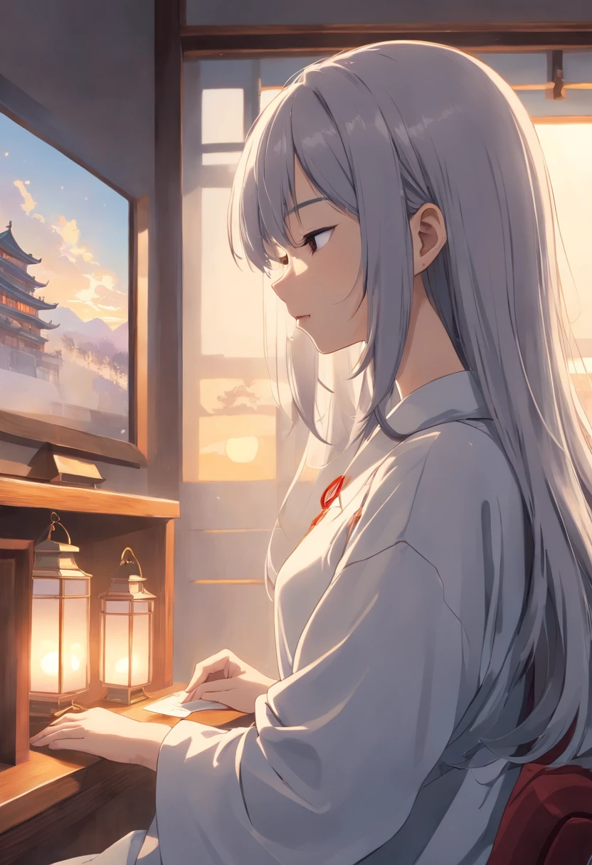 (white backgrounid),(Silhouette of a girl's head, closing her eyes, Long gray hair, Oriental elements),(Chinese illustration,paper art:1.3, Art on upholstered paper:1.2),( reasonable design, 清晰的线条, High- sharpness,Best quality, Very detailed, Master parts, movie light effect, 4K ),full bodyesbian,Good hands,Small characters,The character is in the center of the frame,Faraway view,Footage from a distance,The lens is in the distance