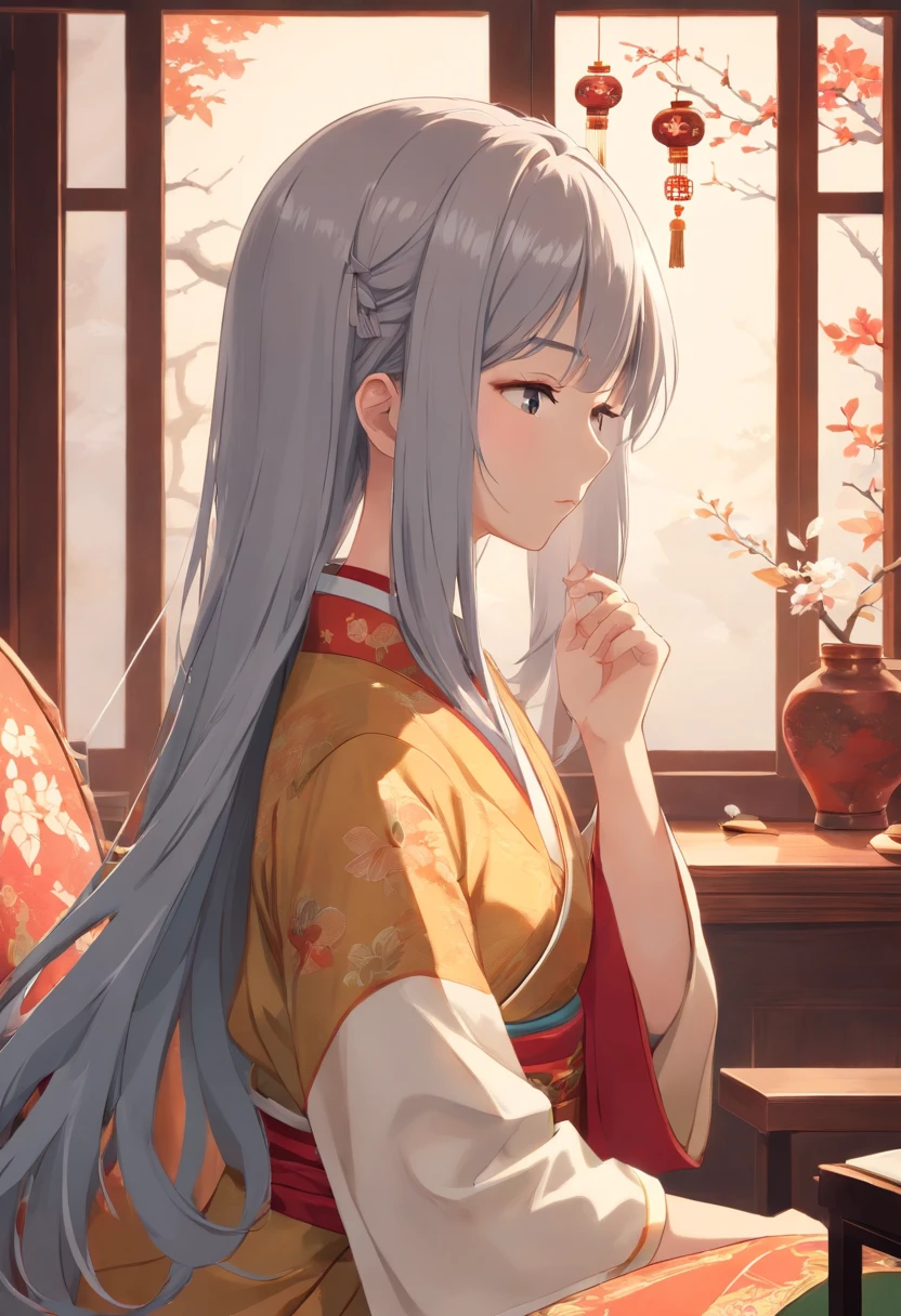 (white backgrounid),(Silhouette of a girl's head, closing her eyes, Long gray hair, Oriental elements),(Chinese illustration,paper art:1.3, Art on upholstered paper:1.2),( reasonable design, 清晰的线条, High- sharpness,Best quality, Very detailed, Master parts, movie light effect, 4K ),full bodyesbian,Good hands,Small characters,The character is in the center of the frame,Faraway view,Footage from a distance,The lens is in the distance