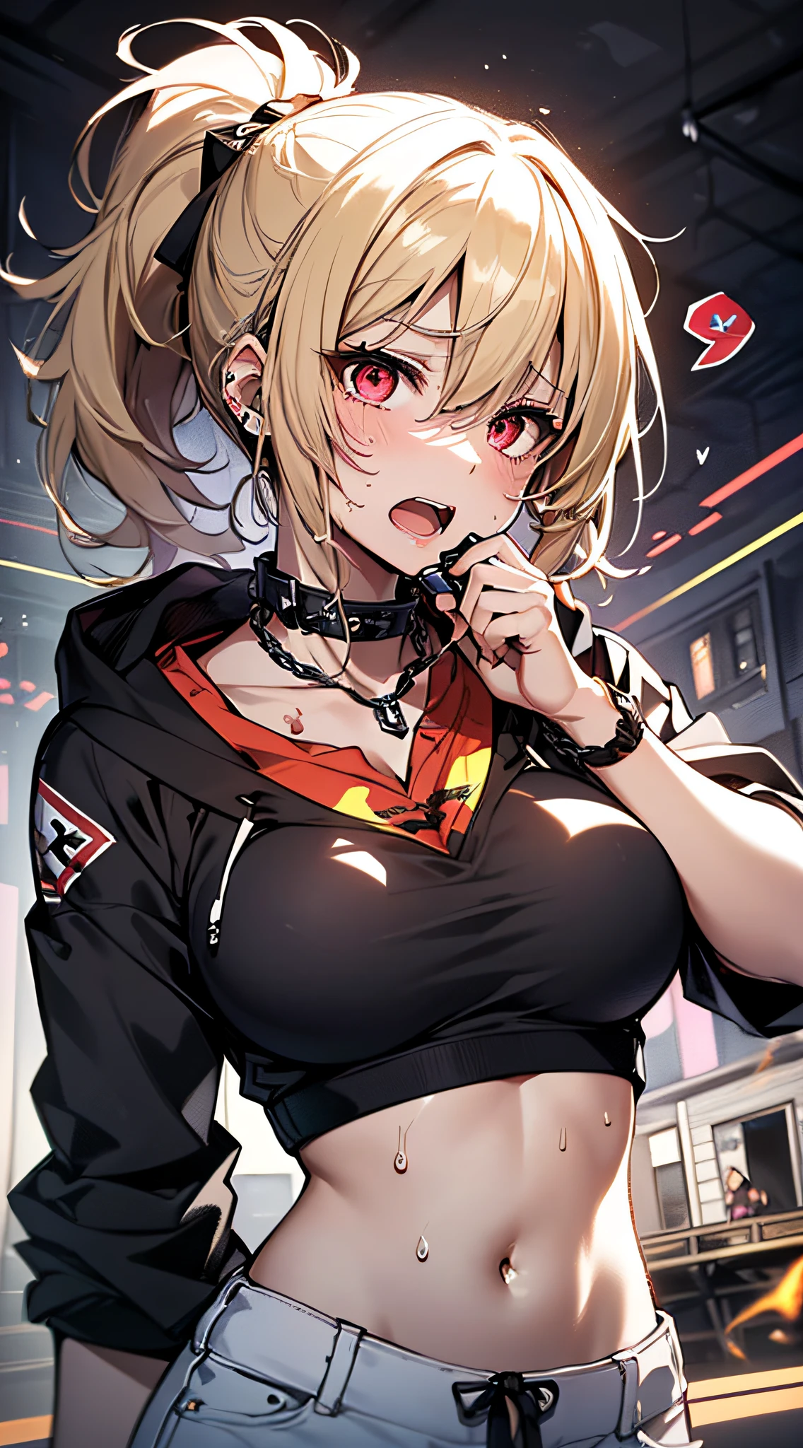 top-quality、Top image quality、masterpiece、girl with((18year old、tatteredclothing、Black tank top、Black short-sleeved hoodie、White pants、Best Bust、Bust 85、a blond、disheveled ponytail、Red Eyes、open chest wide、Happiness、Sweating、Chain Accessories、holding the mic、Voice bubbles(I love you),Singing、dance))hiquality、visualart、Background with((live house、knight、Combustion Renditions、Laser Pointer))、masutepiece