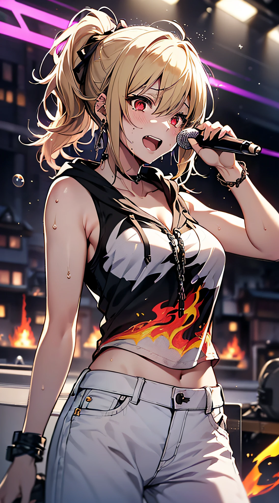 top-quality、Top image quality、​masterpiece、girl with((18year old、tatteredclothing、Black tank top、Black short-sleeved hoodie、White pants、Best Bust、Bust 85、a blond、disheveled ponytail、Red Eyes、open chest wide、Happiness、Sweating、Chain Accessories、holding the mic、Voice bubbles(I love you),Singing、dance)）hiquality、visualart、Background with((live house、knight、Combustion Renditions、Laser Pointer))、masutepiece
