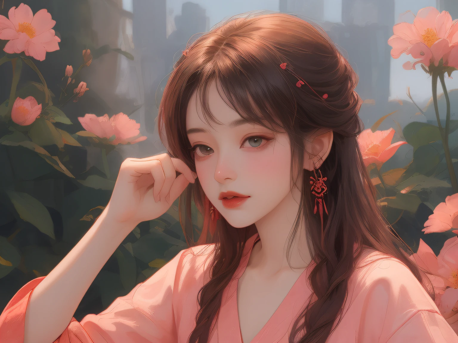 1 flat-chested girl,Close-up of upper body portrait,Black color hair,floated hair,Hazy beauty,Extremely beautiful facial features,Red embroidered tulle dress,with a hairpin on her head,Lying among pink flowers,Surrounded by flowers,Perfect anatomy,(Skinny figure,flatchest),White flowers,(springtime, Rainy days, terraced, mountain ranges), Simple vector art, Contemporary Chinese art, the soft light,Overlooking