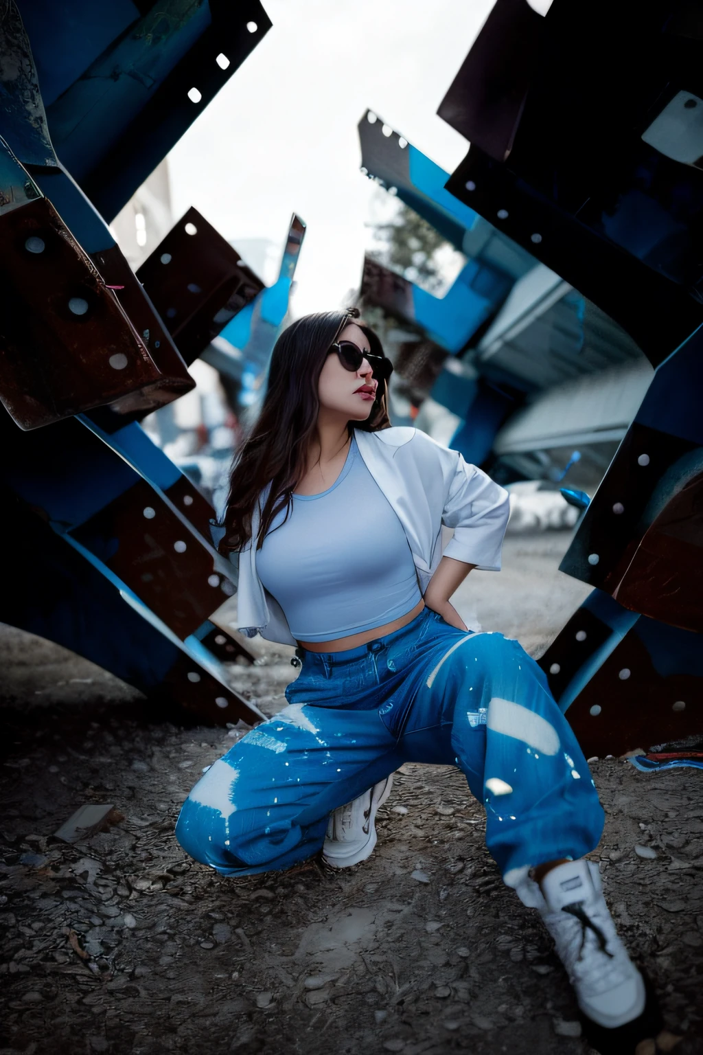 arafed woman sitting on the ground in front of a sculpture, cinematic outfit photo, stylish pose, blue pants, blue outfit, casual photography, cyberpunk style outfit, wearing atompunk jumpsuit, taken with canon eos 5 d mark iv, blue clothes, cool pose, shot on canon eos r5, shot on canon eos r 5, blue toned, outfit photo