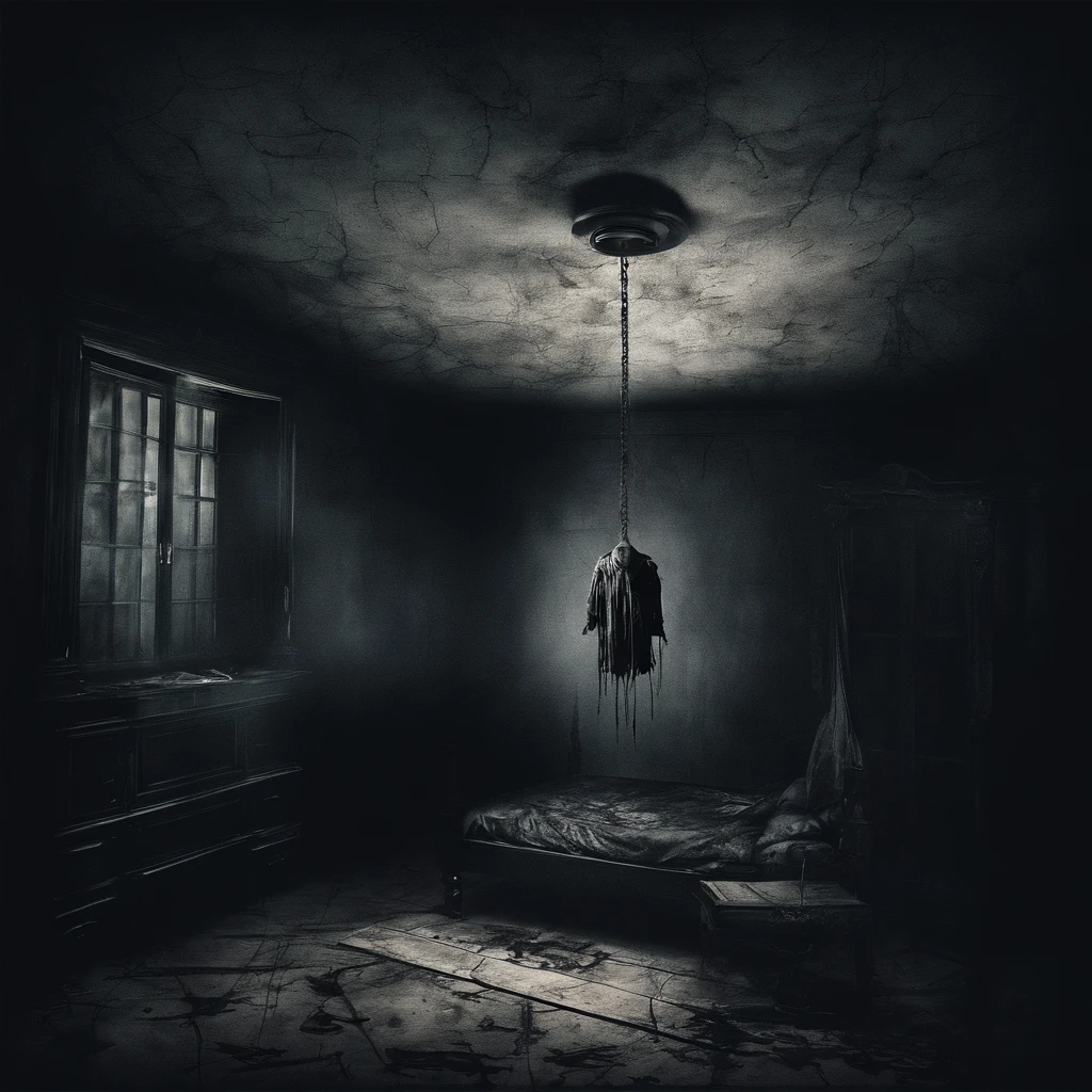darkened room、ceiling、Spooky doll hanging from the ceiling