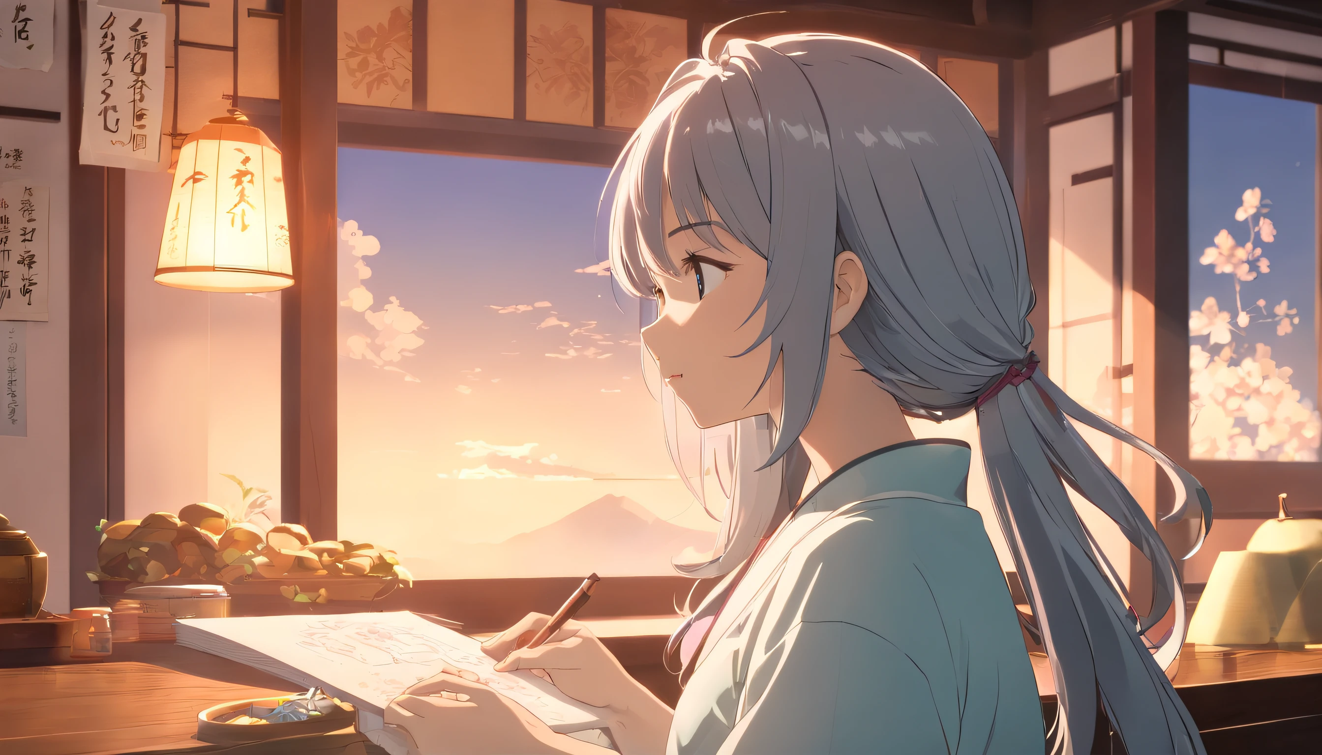 (white backgrounid),(Silhouette of a girl's head, closing her eyes, Long gray hair, Oriental elements),(Chinese illustration,paper art:1.3, Art on upholstered paper:1.2),( reasonable design, 清晰的线条, High- sharpness,Best quality, Very detailed, Master parts, movie light effect, 4K ),full bodyesbian,Good hands,Small characters,The character is in the center of the frame,Faraway view