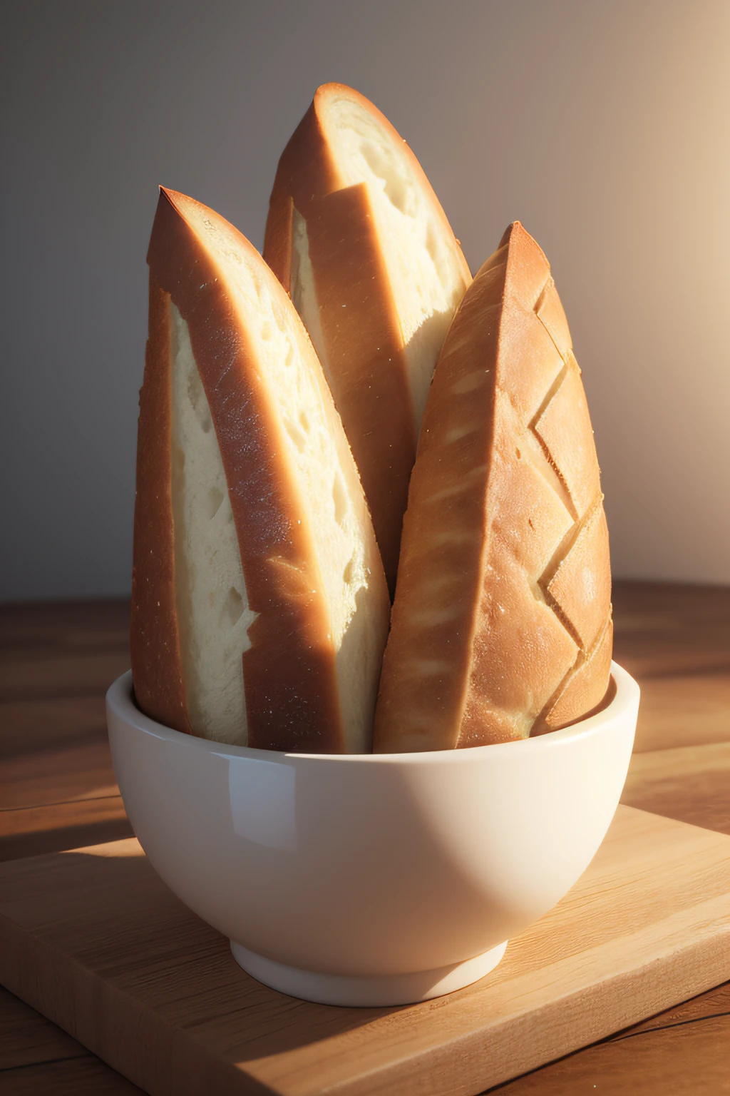 (melhor qualidade,Realistic,3D rendering,ultra-detalhado),a French bread_com_casca com uma crosta perfeitamente dourada, in a realistic 3D rendering. The texture of the bread should be ultra-detailed, . A crosta deve ter uma bela cor dourada profunda, with a slight glow to enhance the realistic effect. The bread should look fresh and inviting, Lighting should emphasize the texture and highlight the golden color of the crust. realistic French bread