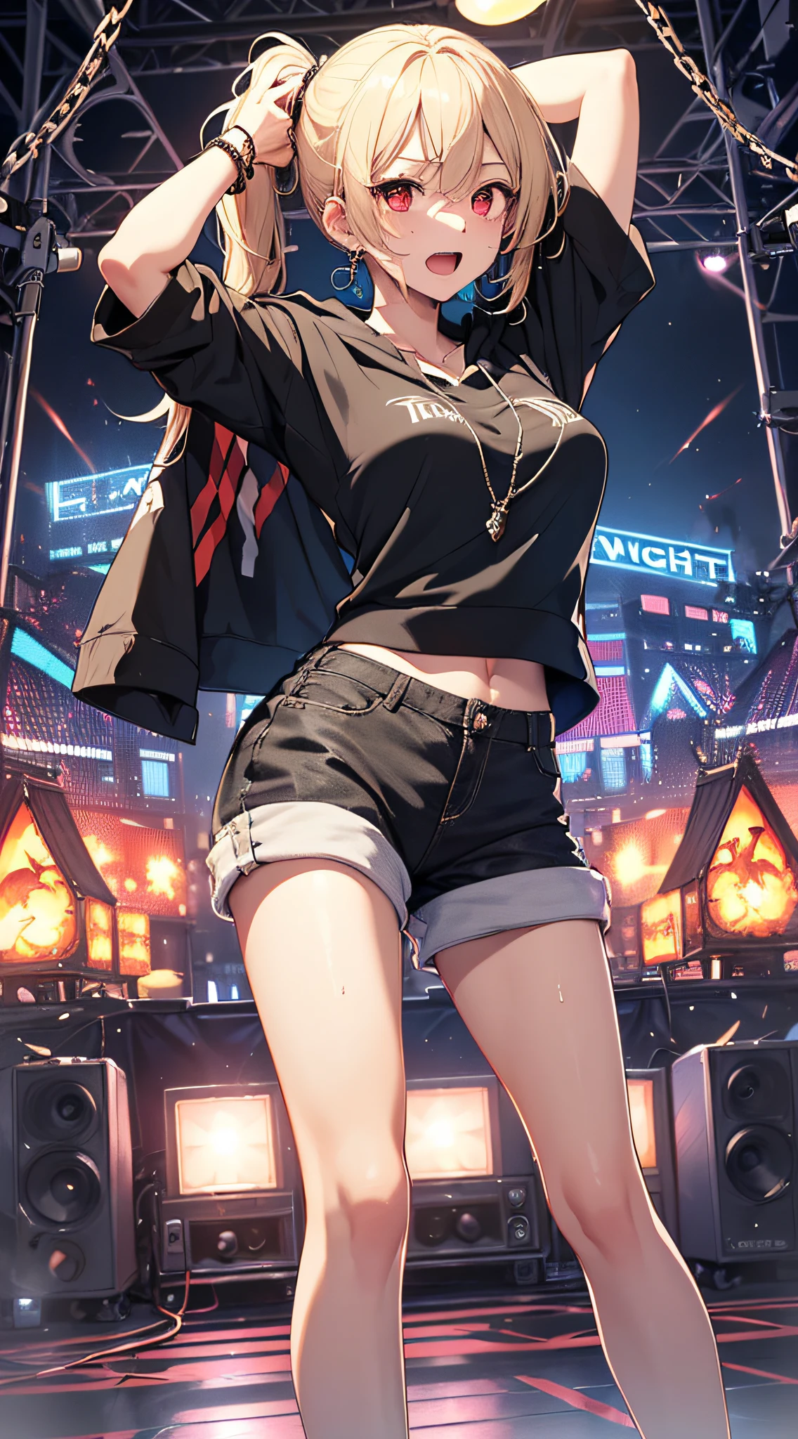 top-quality、Top image quality、masterpiece、girl with((18year old、tatteredclothing、Black tank top、Black short-sleeved hoodie、White pants、Best Bust、Bust 85、a blond、disheveled ponytail、Red Eyes、open chest wide、Happiness、Sweating、Chain Accessories、holding the mic、Voice bubbles(I love you),Singing、dance))hiquality、visualart、Background with((live house、knight、Combustion Renditions、Laser Pointer))、masutepiece