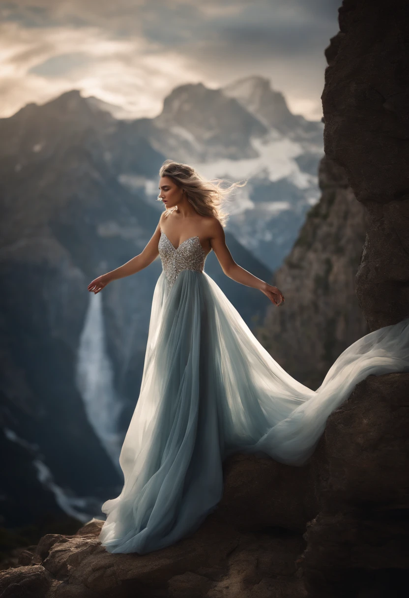 A captivating, divine being with cascading silver locks, elegantly draped in a flowing gown, gracefully gliding up in the air like magic, floating above an enraptured audience, showcasing her modeling expertise on a grand catwalk,medium full shot