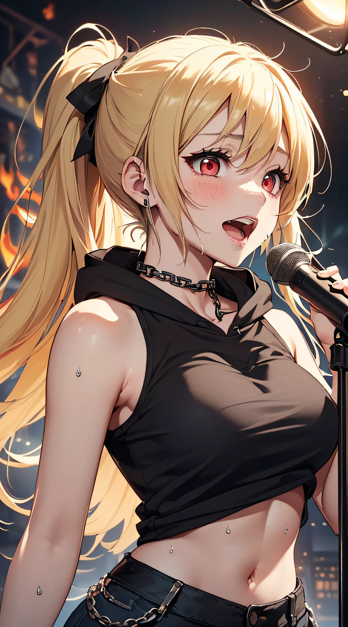 top-quality、Top image quality、​masterpiece、girl with((18year old、tatteredclothing、Black tank top、Black short-sleeved hoodie、White pants、Best Bust、Bust 85、a blond、disheveled ponytail、Red Eyes、open chest wide、Happiness、Sweating、Chain Accessories、holding the mic、Voice bubbles(I love you),Singing、dance)）hiquality、visualart、Background with((live house、knight、Combustion Renditions、Laser Pointer))、masutepiece