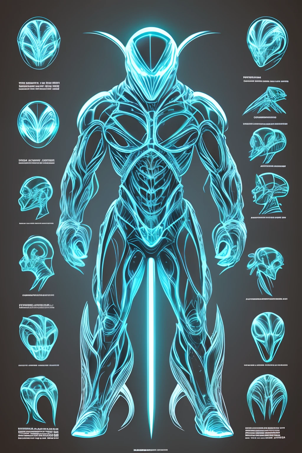 alien monster, diagram, dynamic pose, x-ray